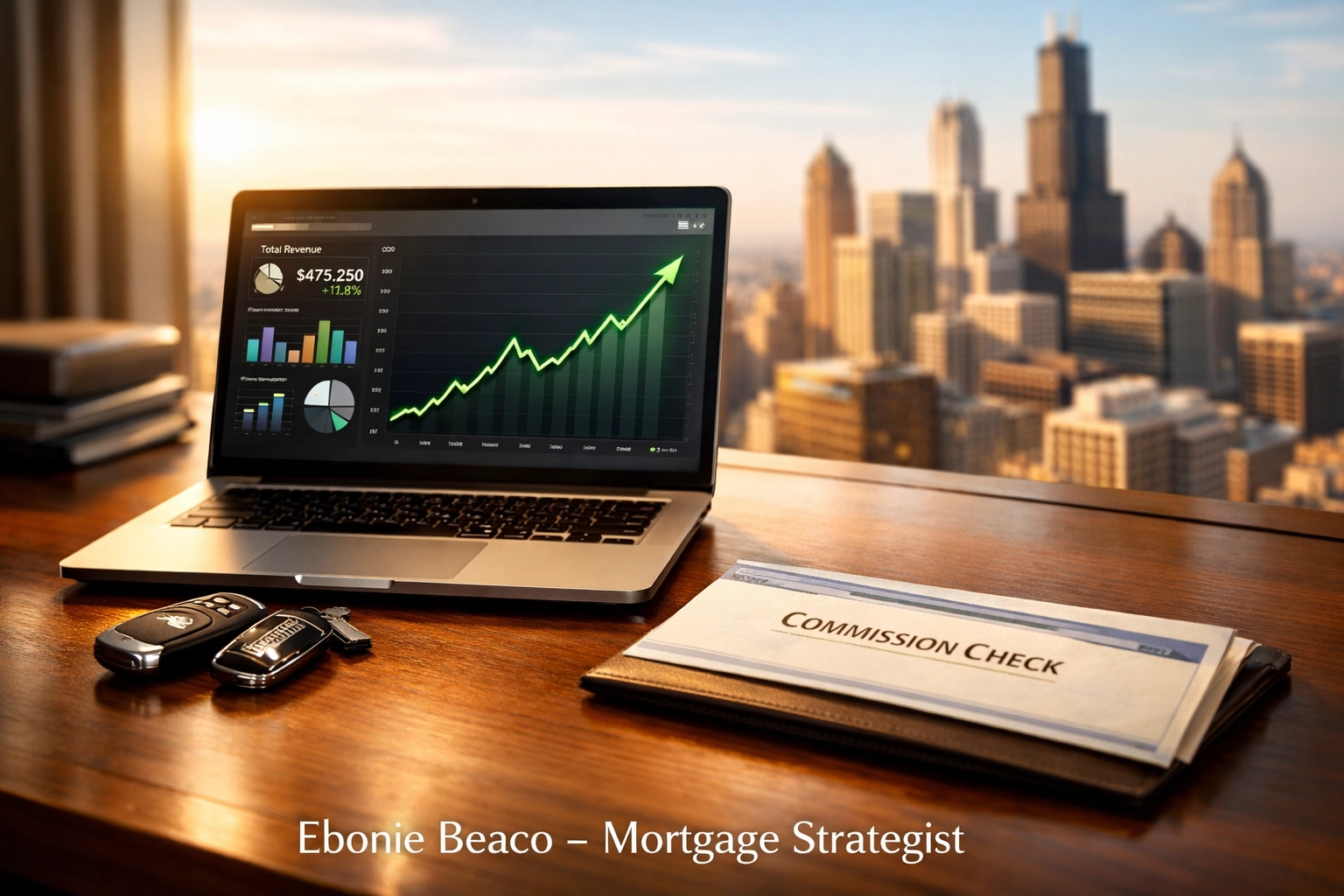 Executive desk with a commission check and growth chart overlooking Chicago, showing loan officer earning potential.