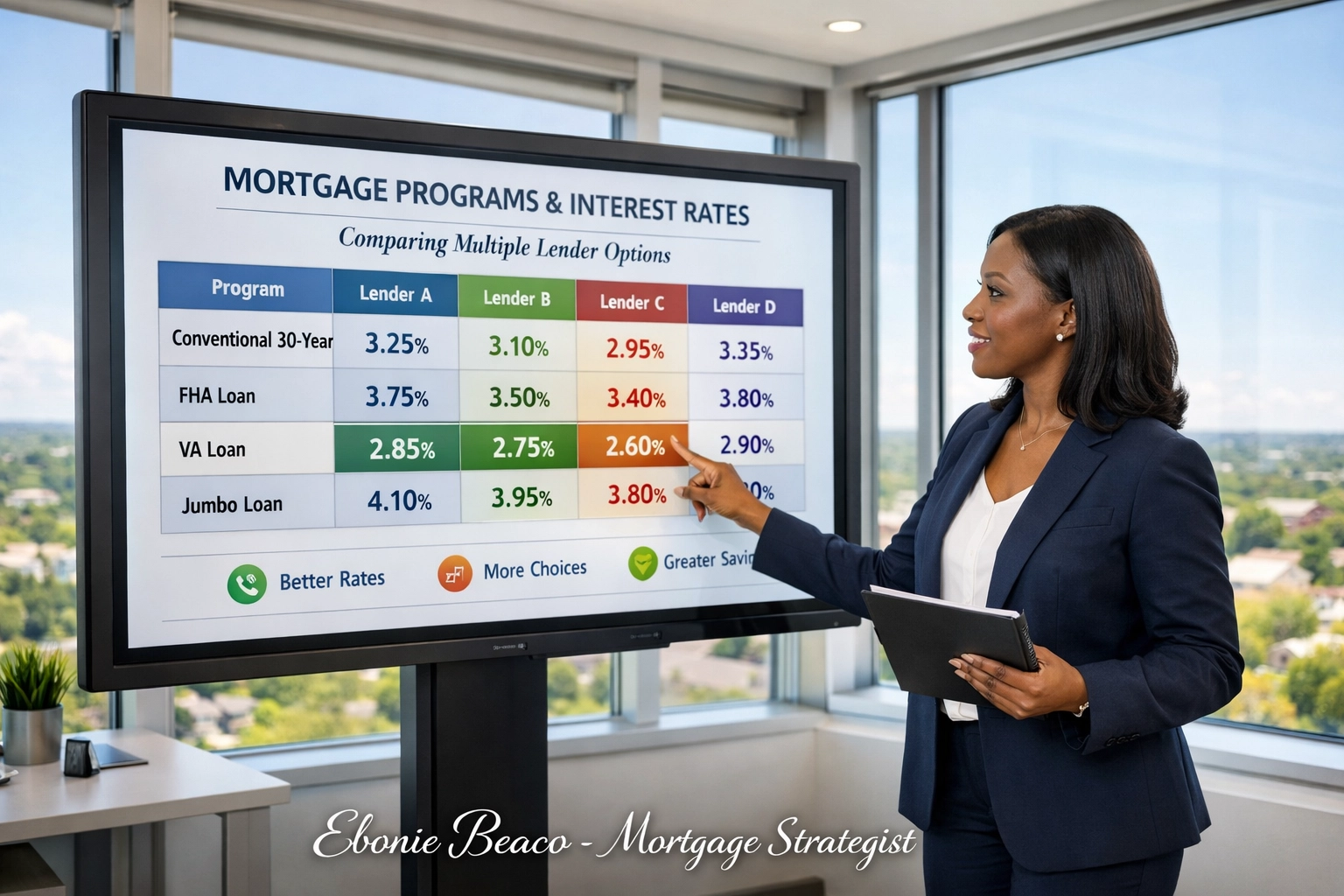 Mortgage professional comparing multiple wholesale loan rates and programs on a digital screen in a modern office.
