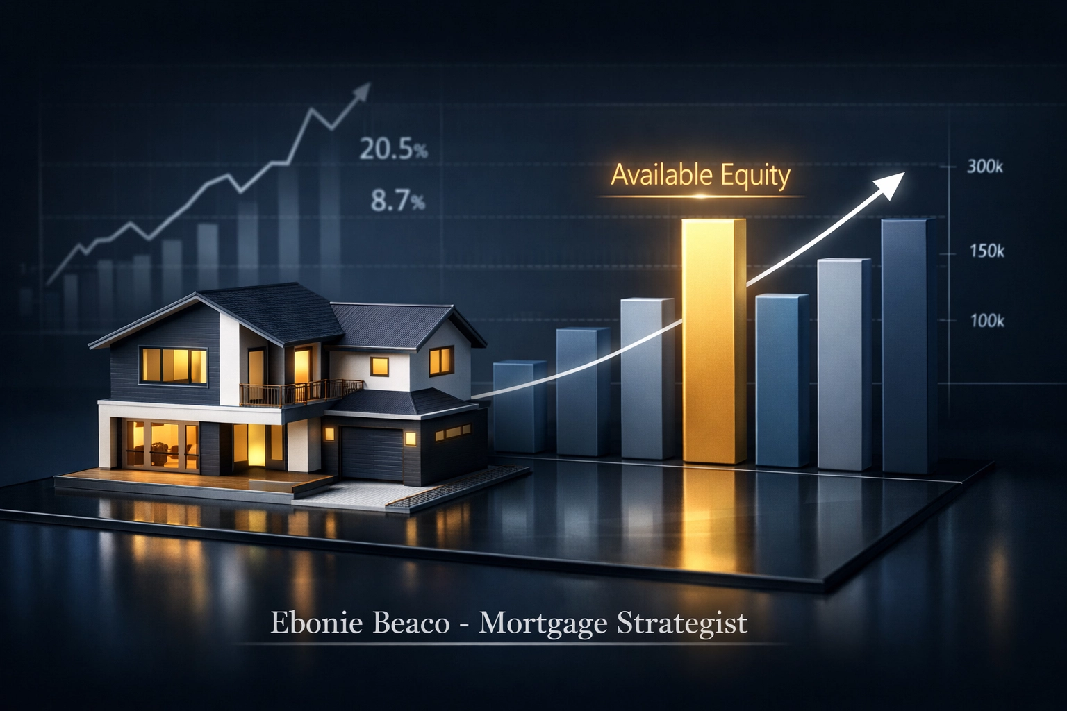 House model with growth charts representing home equity access through HELOC and cash-out refinance options.
