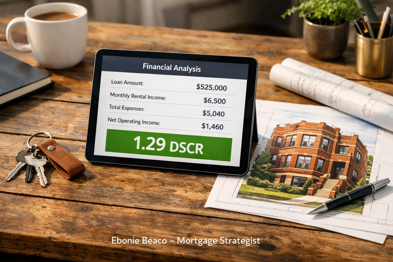Tablet displaying a 1.29 DSCR score calculation for a multi-family rental property investment deal.