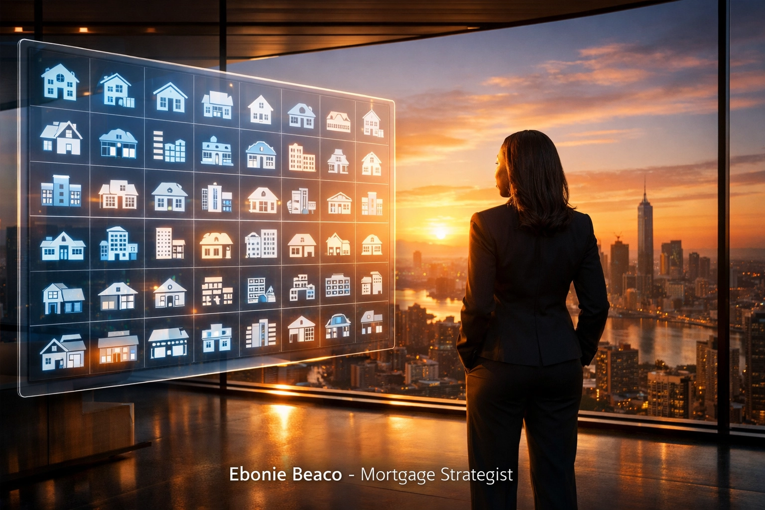 Mortgage strategist viewing a digital display of residential and commercial property loan programs.