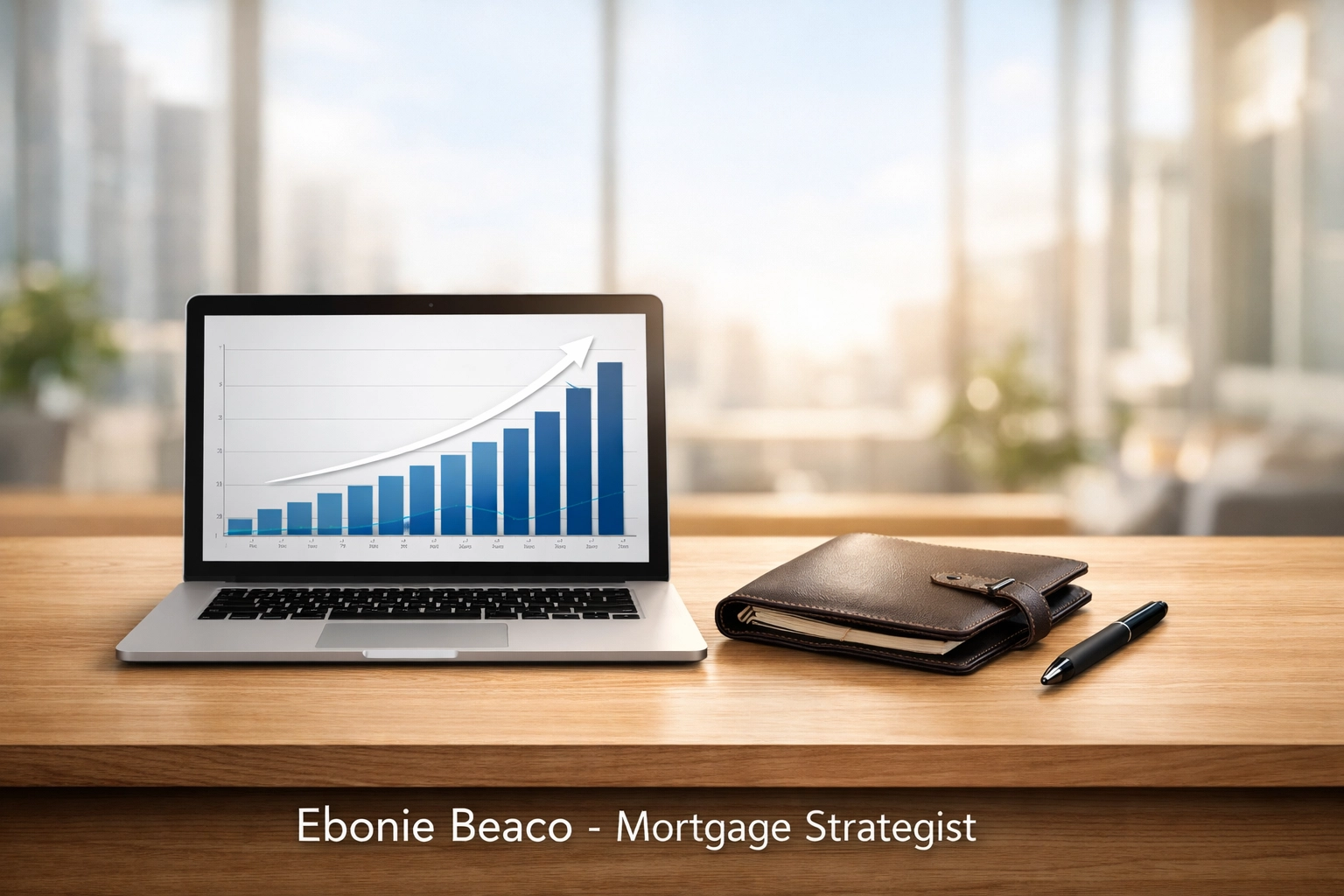 Modern office desk with laptop showing financial growth for mortgage loan officer commissions.