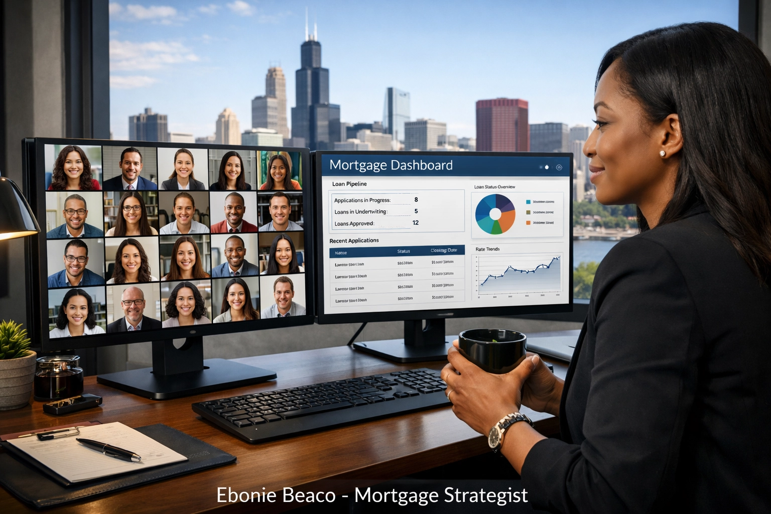 Loan officer using digital mortgage dashboards and live support systems in a high-tech Chicago home office.