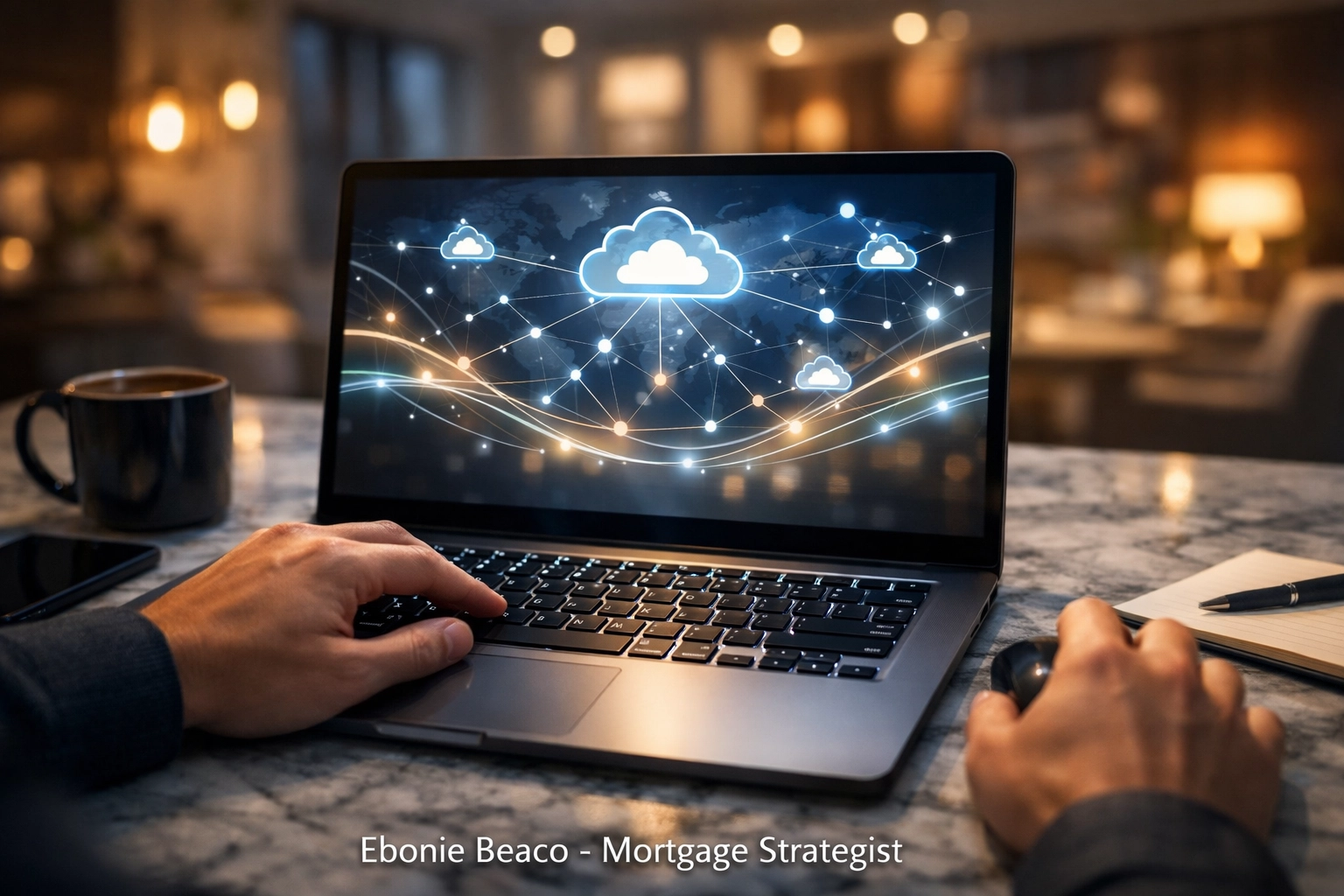 Remote mortgage professional managing a digital loan origination and paperless funding workflow from home.