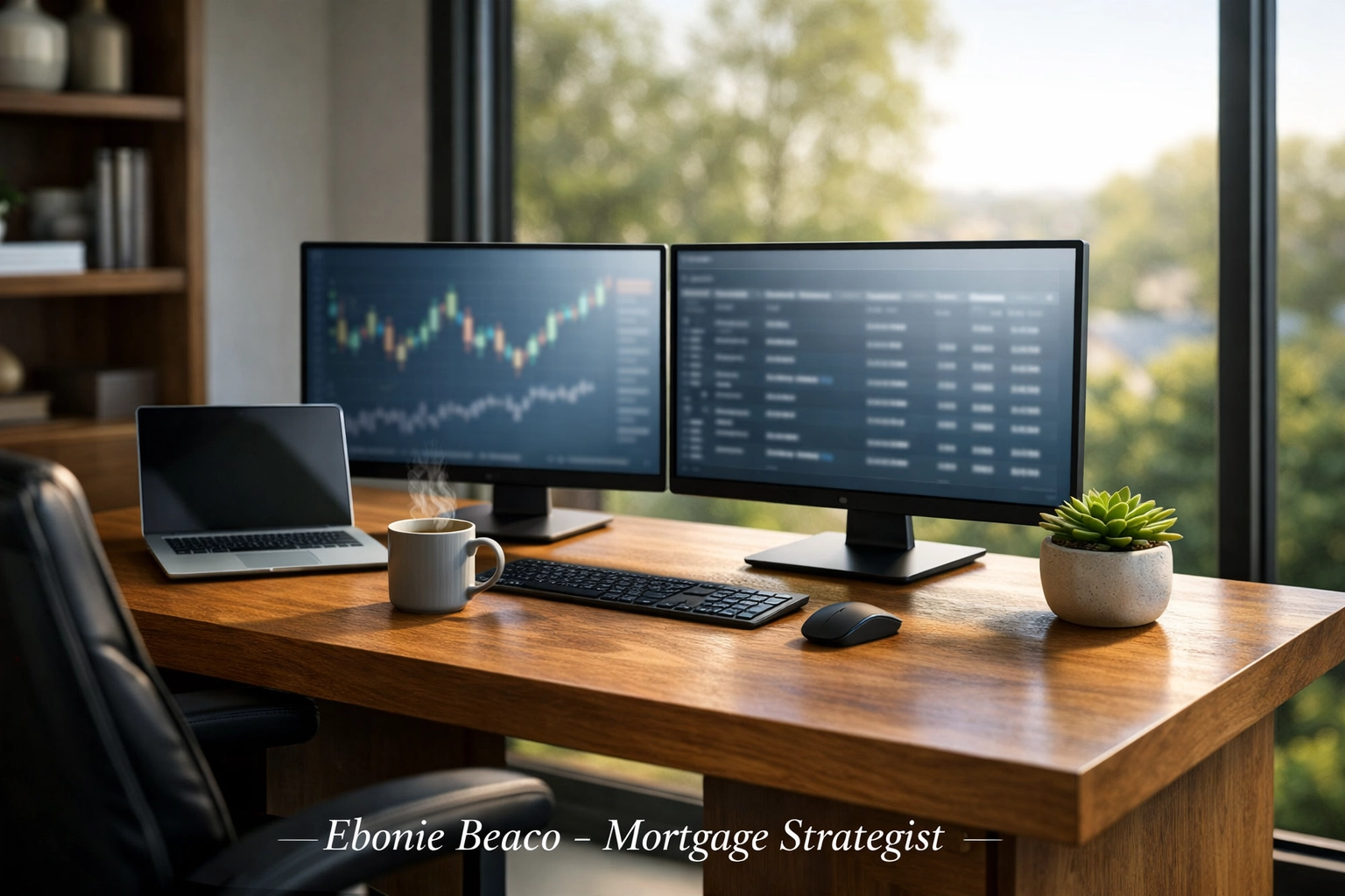 Modern home office setup for a remote mortgage professional featuring dual monitors and professional workspace.
