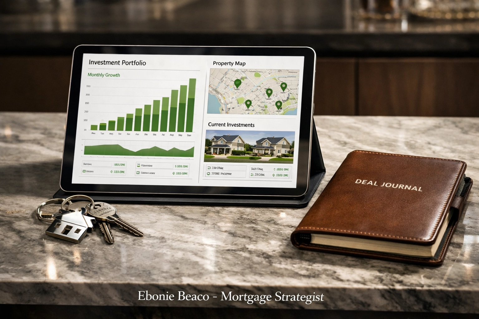 Real estate investor workspace with property keys and investment dashboard tracking mortgage commissions.