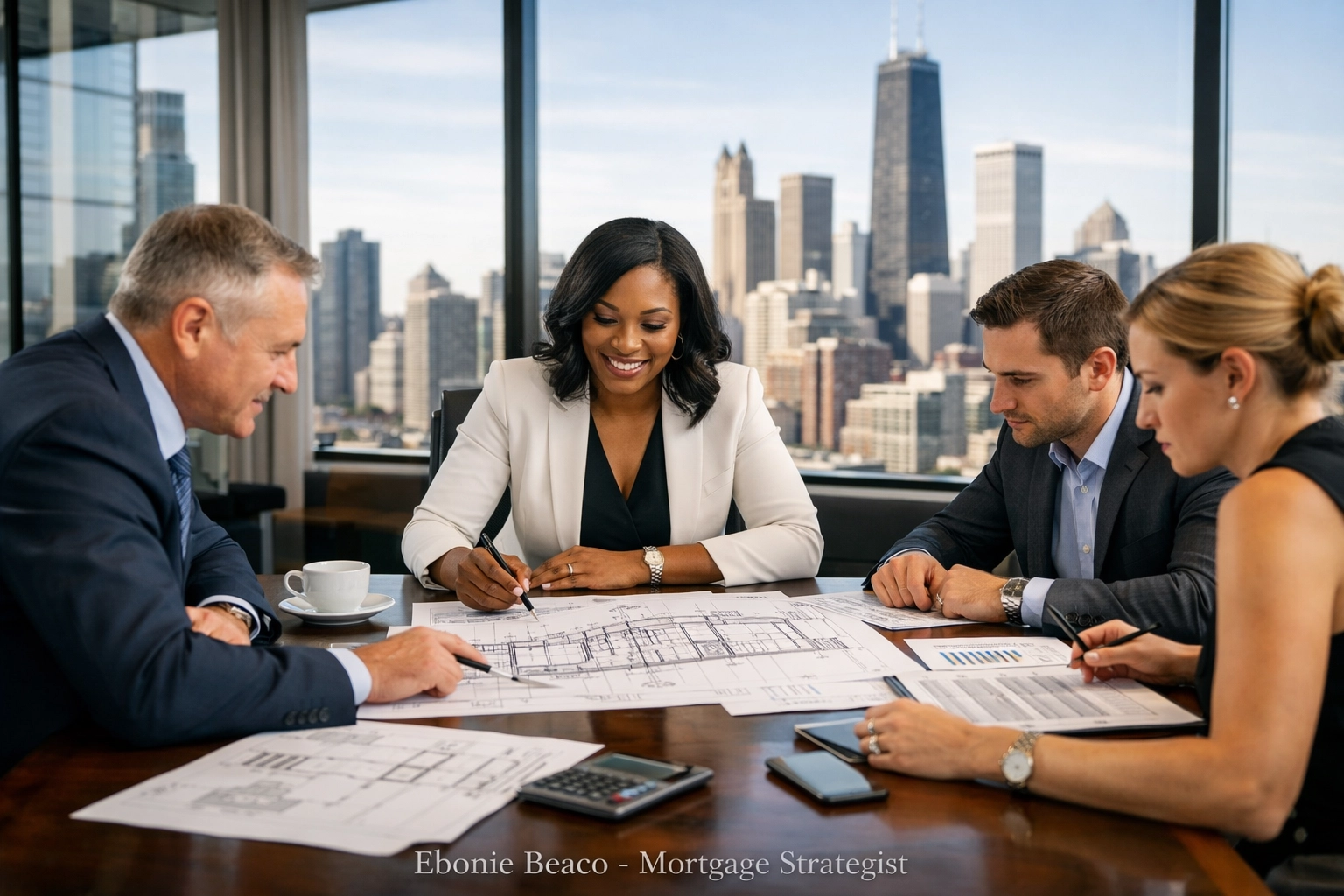 Real estate investment team collaborating on property deal structuring in a professional office.