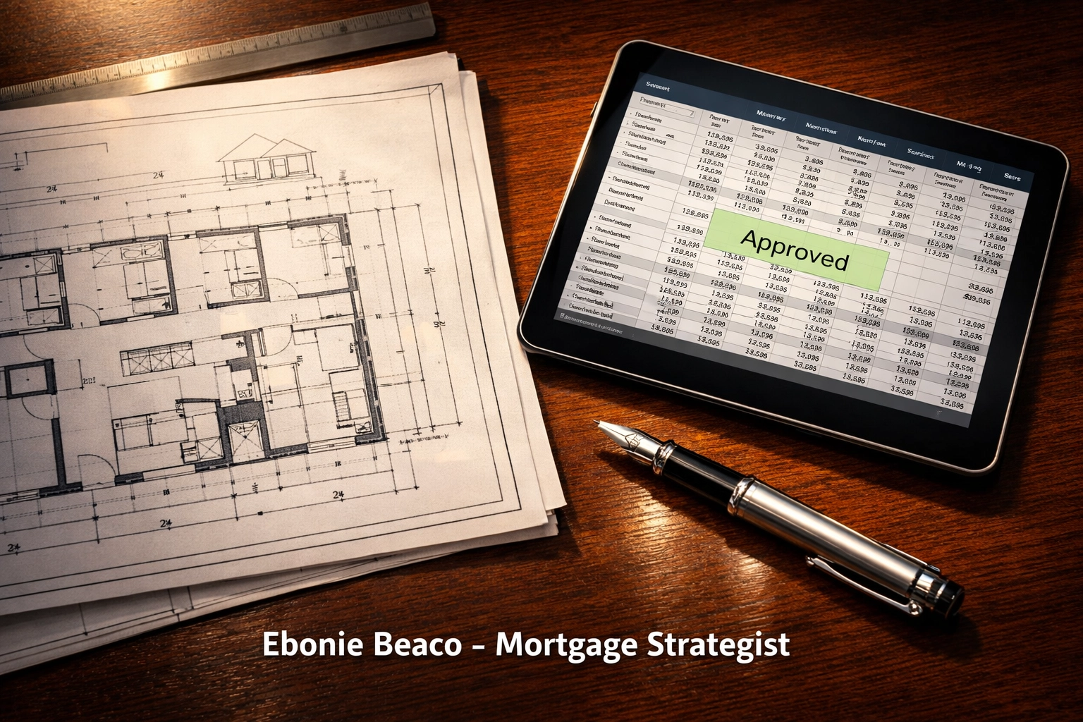 Real estate financing desk with blueprints and a tablet showing an approved loan for a fix-and-flip project.