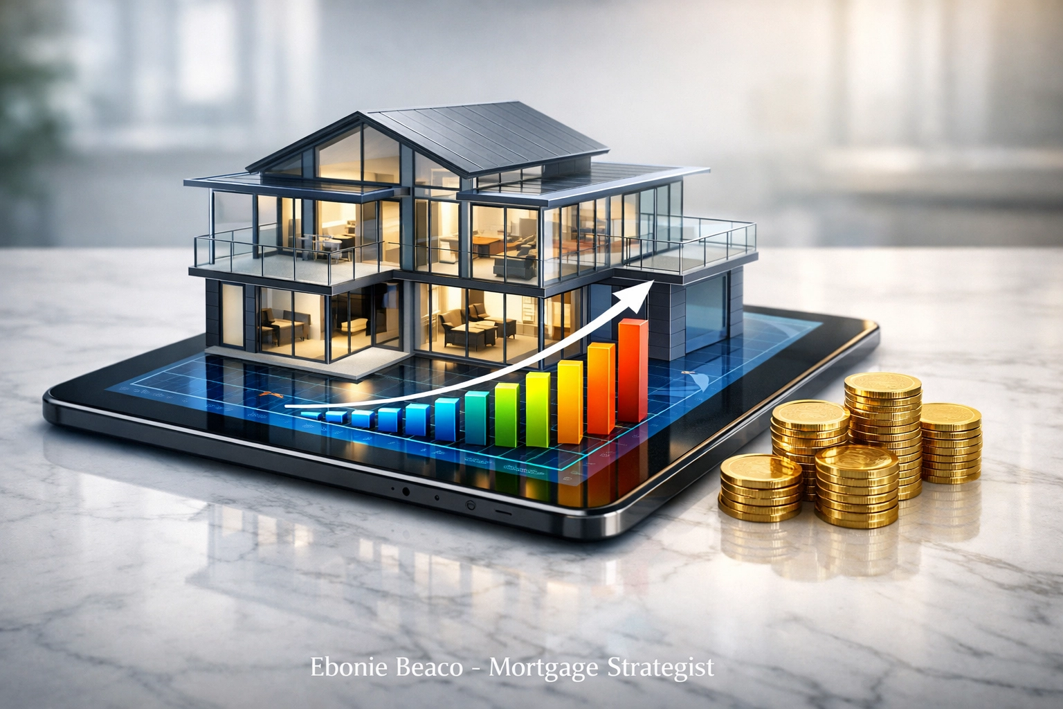 House model and rising financial chart representing real estate investment growth and loan officer commissions.