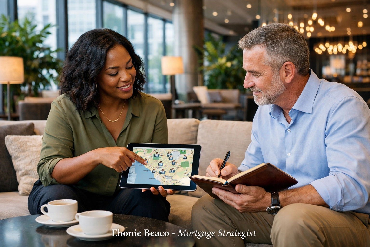 Real estate professionals discussing property investment strategies and mortgage mentorship in a modern office.