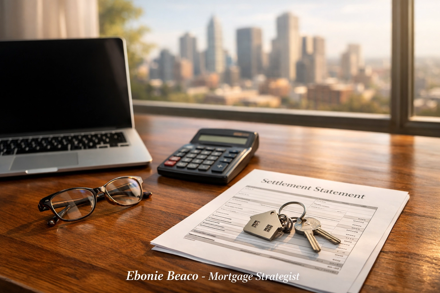 Real estate settlement statement and house keys on a modern office desk with a city skyline background.