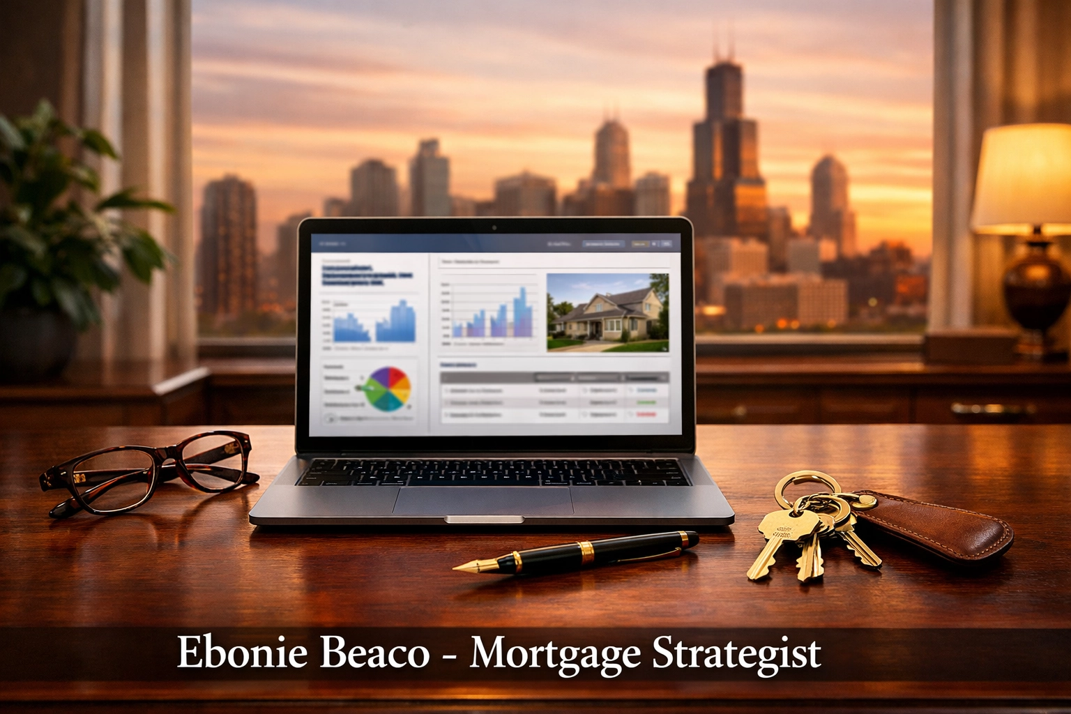 A mortgage strategist's desk with a real estate dashboard and keys overlooking the Chicago skyline.