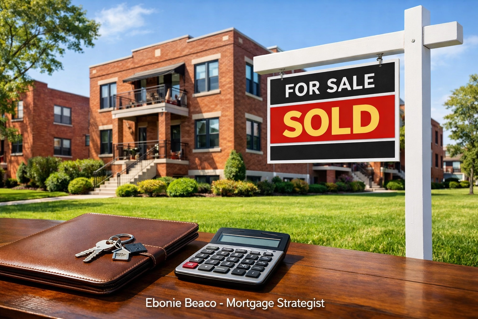 Successful fix and flip investment property with a sold sign and keys, highlighting real estate profit.