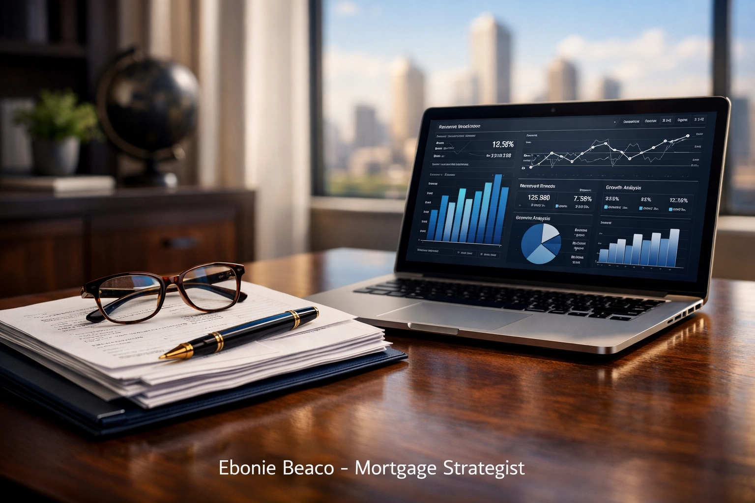 Professional office desk with financial charts and loan documents representing expert mortgage strategy and underwriting.