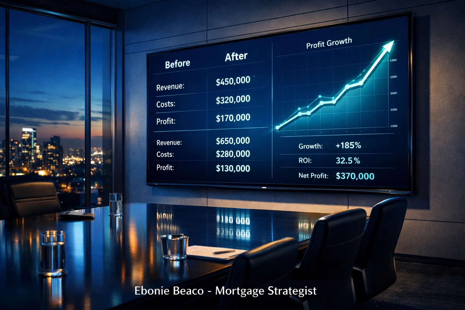 Modern office dashboard showing profit growth for real estate investors adding mortgage commissions to their business.
