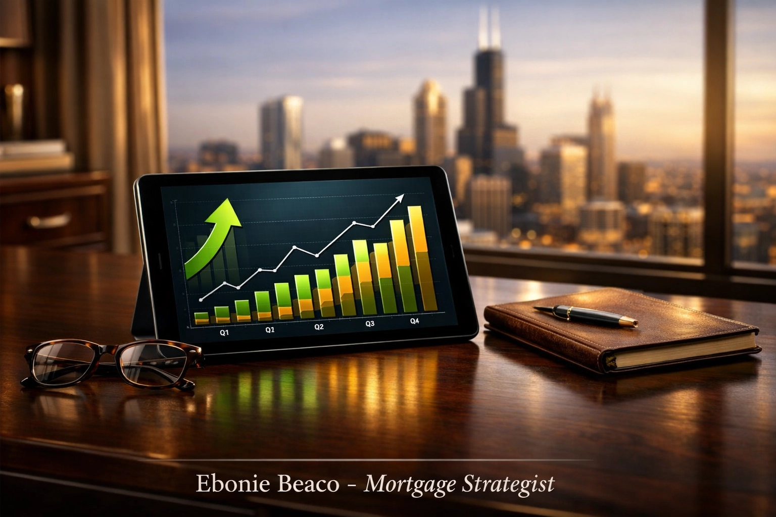 Financial chart on a tablet showing revenue growth for a real estate wholesaler and mortgage loan officer.