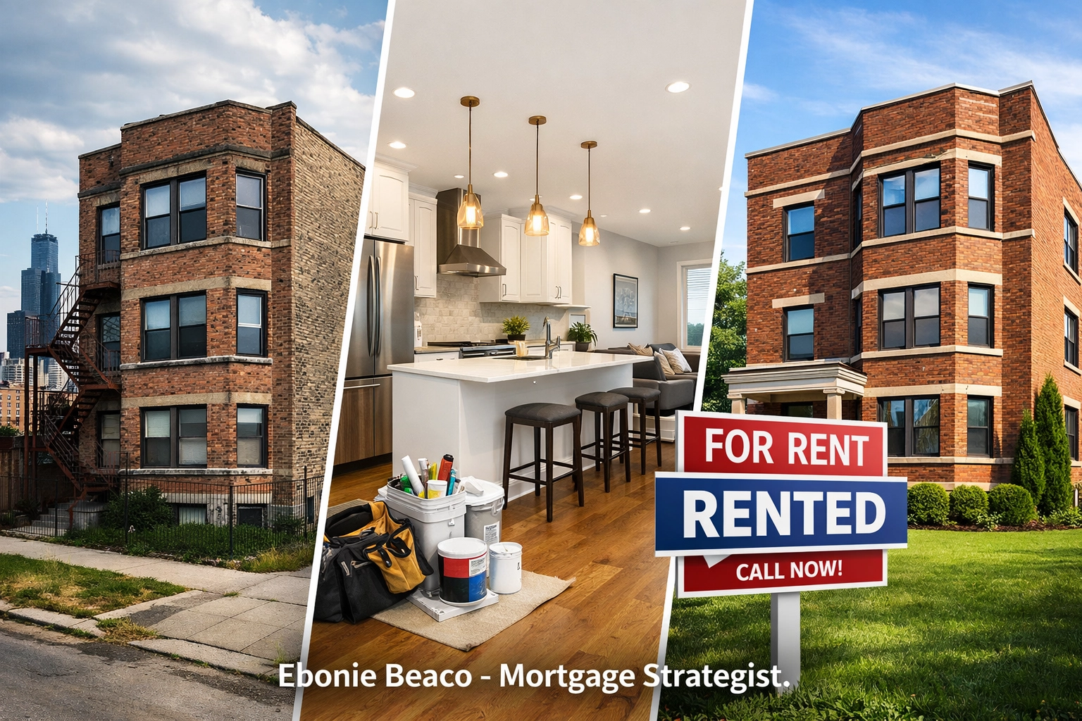 BRRRR method stages showing a distressed property, interior renovations, and a final profitable rental home.