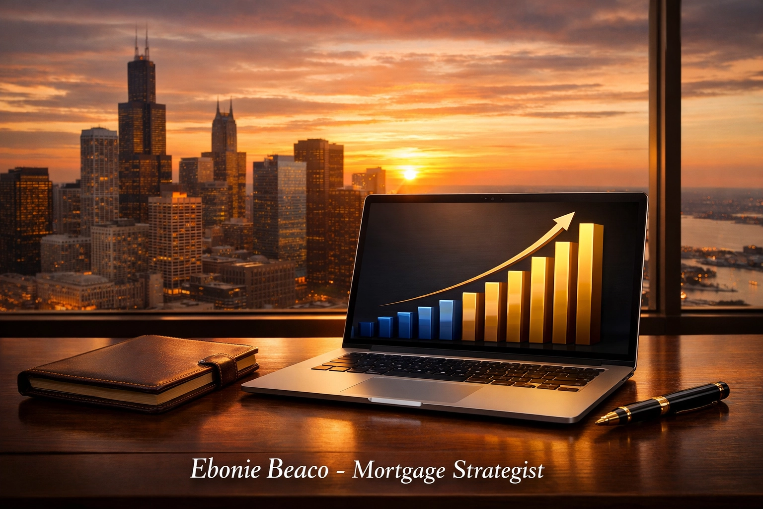 Financial growth chart on a laptop at a modern executive desk overlooking the Chicago skyline.
