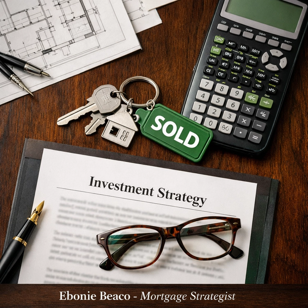 Real estate investment strategy flat-lay with blueprints and keys for a successful mortgage deal.