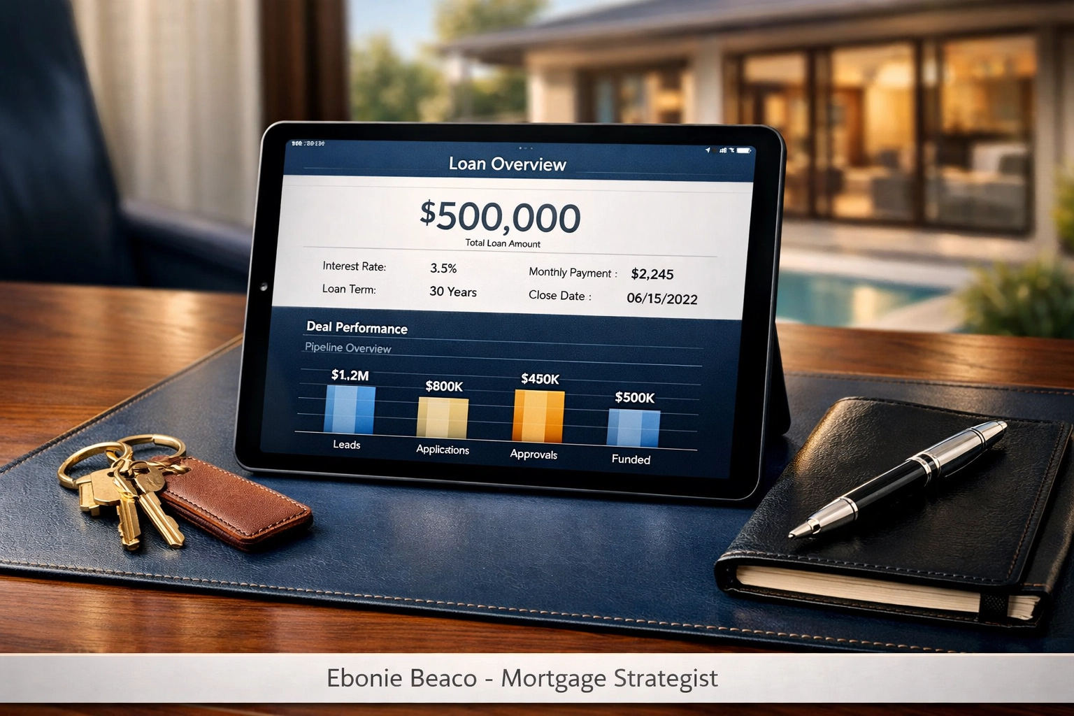 Tablet displaying a $500,000 DSCR loan dashboard next to house keys, representing investment property financing.