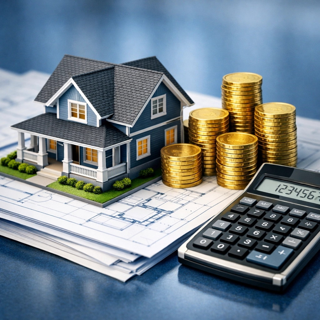 Real estate wholesaling profit spread illustrated by a house model and stacks of coins.