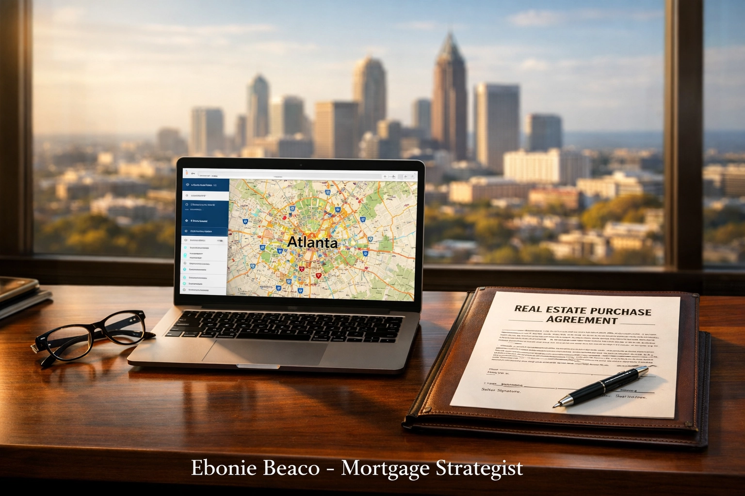 Modern office desk with a real estate wholesale contract and an Atlanta market map.