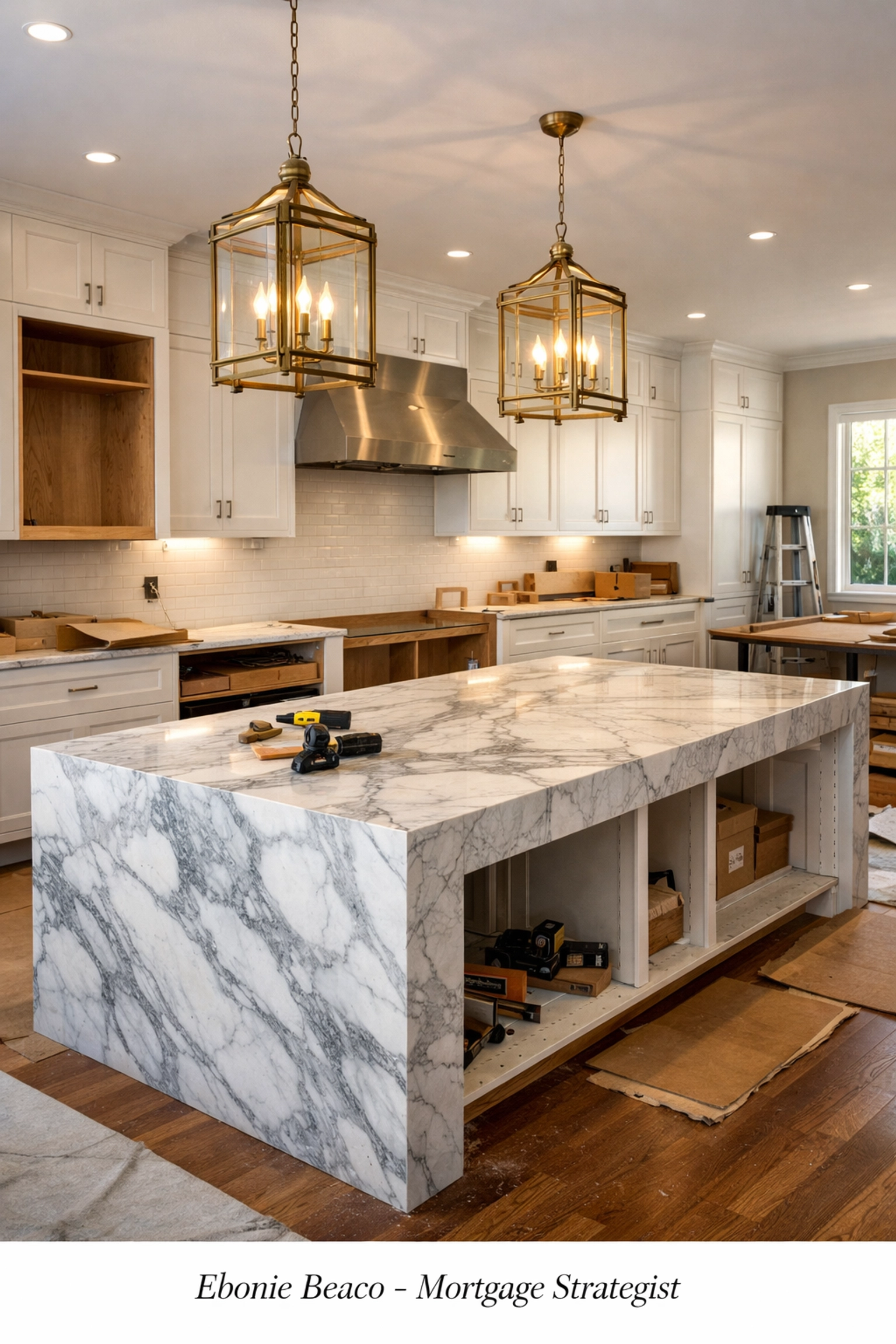 Luxury kitchen renovation in Kentucky featuring white cabinets and marble island funded by a HELOC.