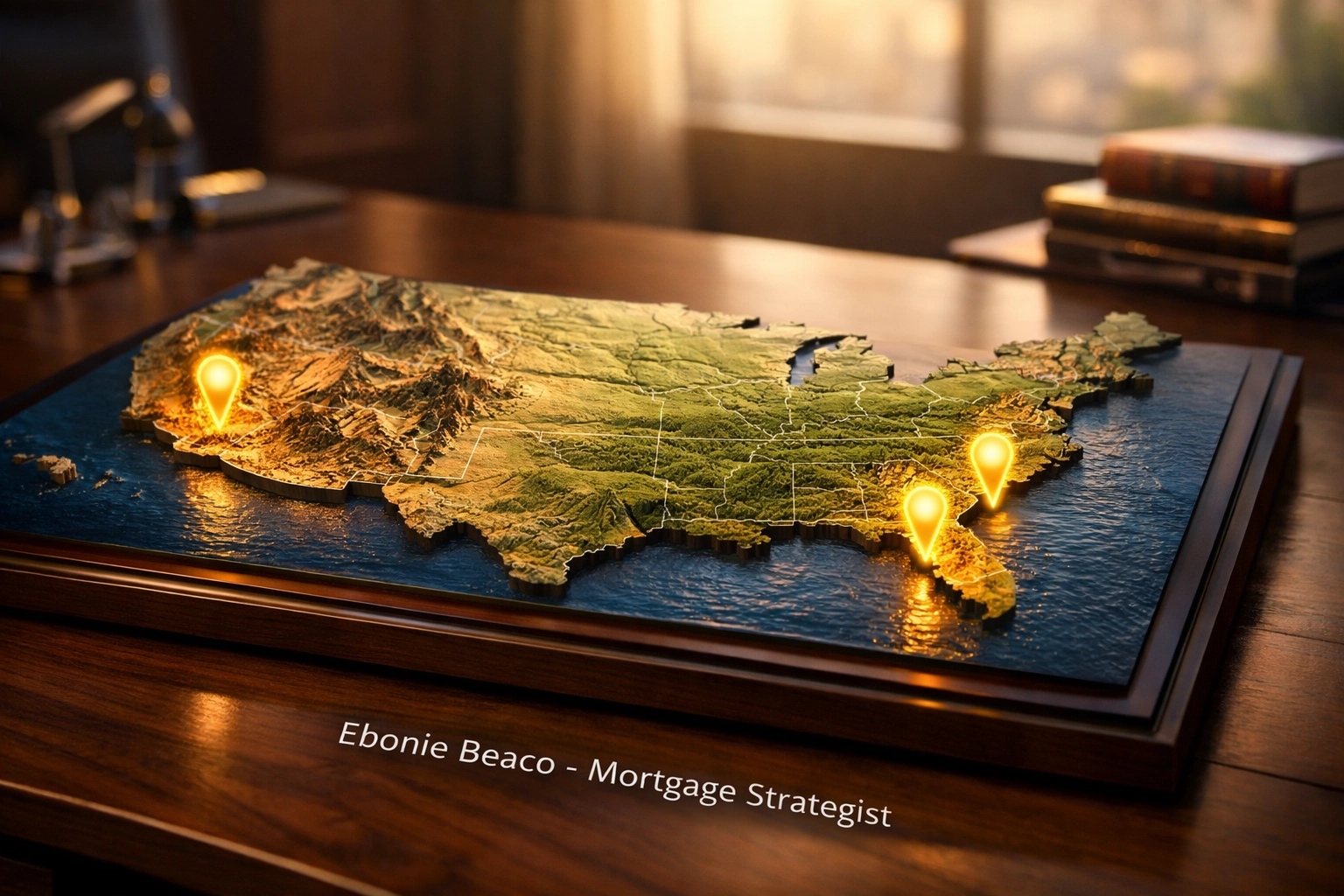 Map of the United States highlighting scaling real estate wholesale hubs in California, Florida, and Atlanta, Georgia.