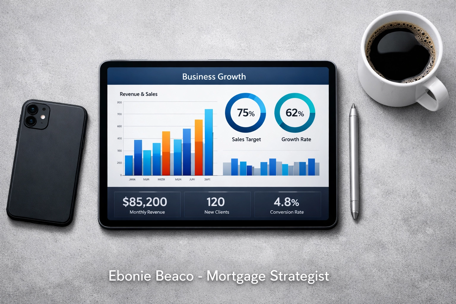 Digital dashboard on a tablet used for scaling real estate wholesale operations and investment property analysis.