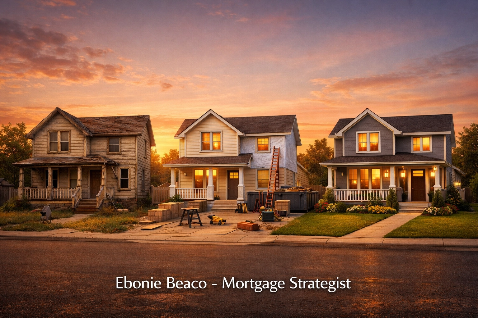 Three suburban houses illustrating investment strategies like wholesaling, fix and flip, and BRRRR rental properties.