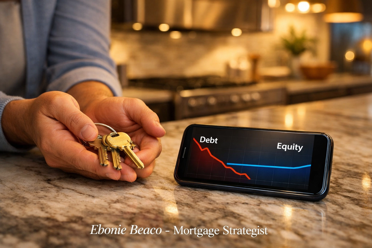 Close up of homeowner holding house keys over a debt consolidation and home equity financial chart.