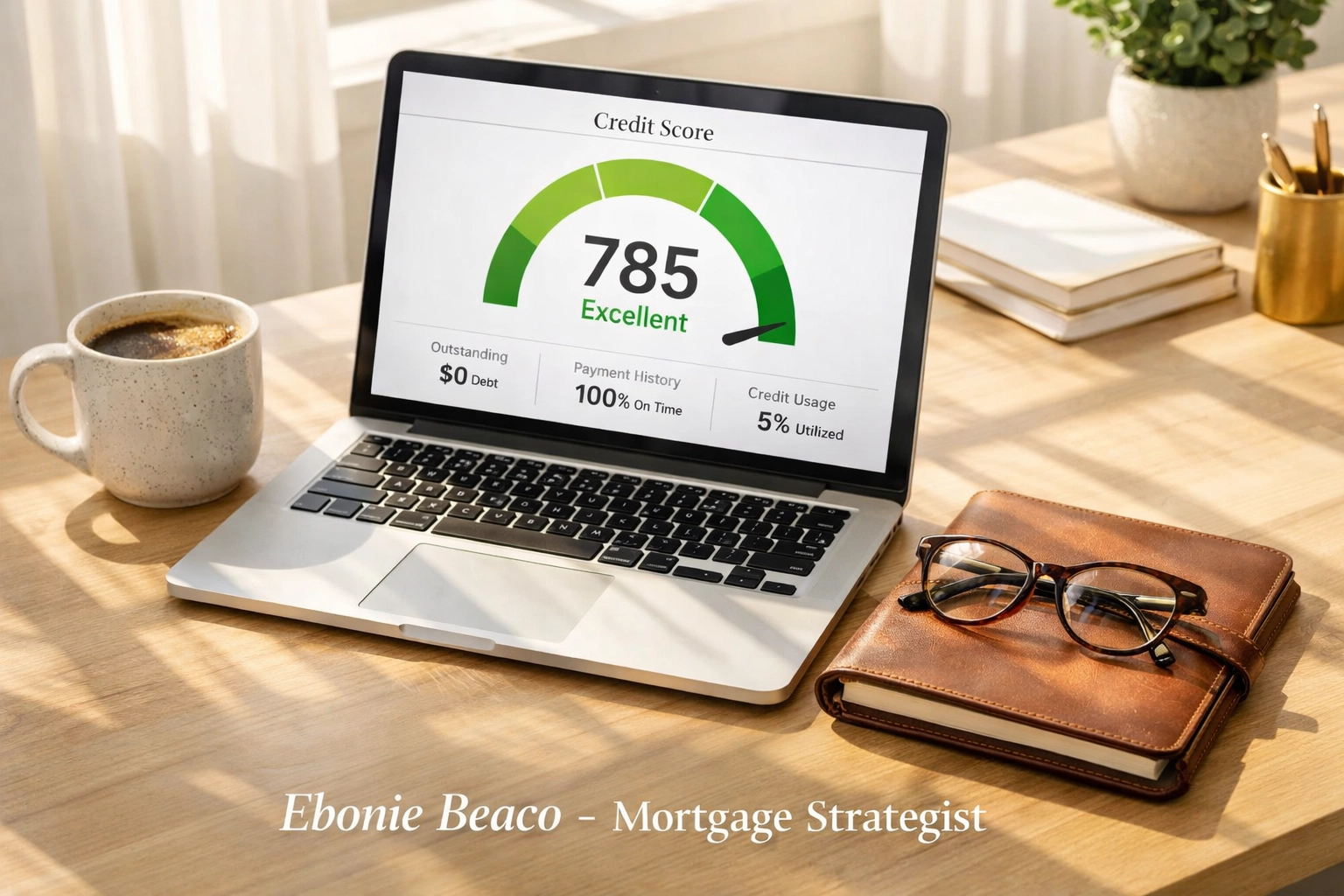 Home office laptop displaying a credit score dashboard for a Missouri HELOC lender application.