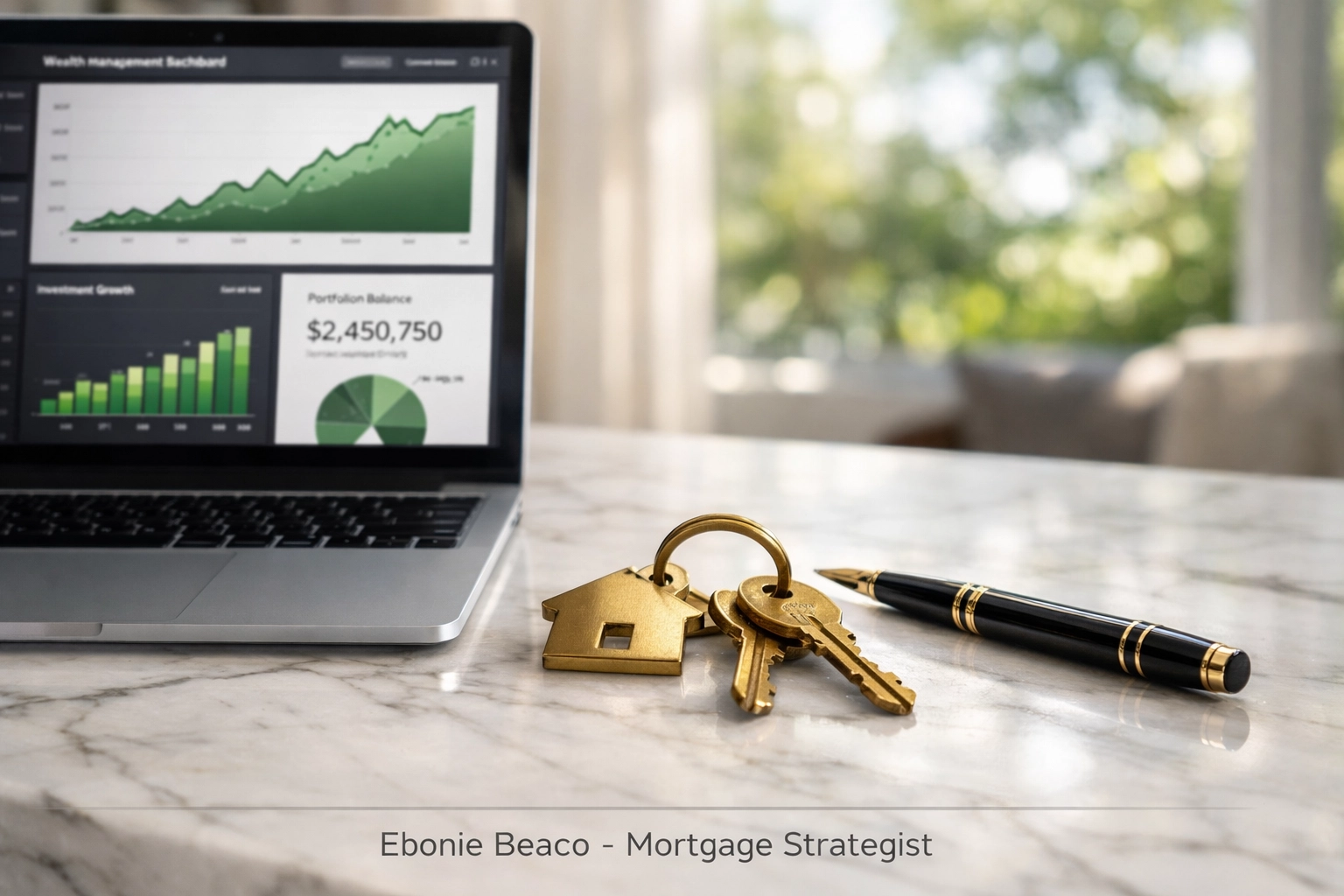 Financial dashboard and house keys showing liquid cash reserves for jumbo financing.