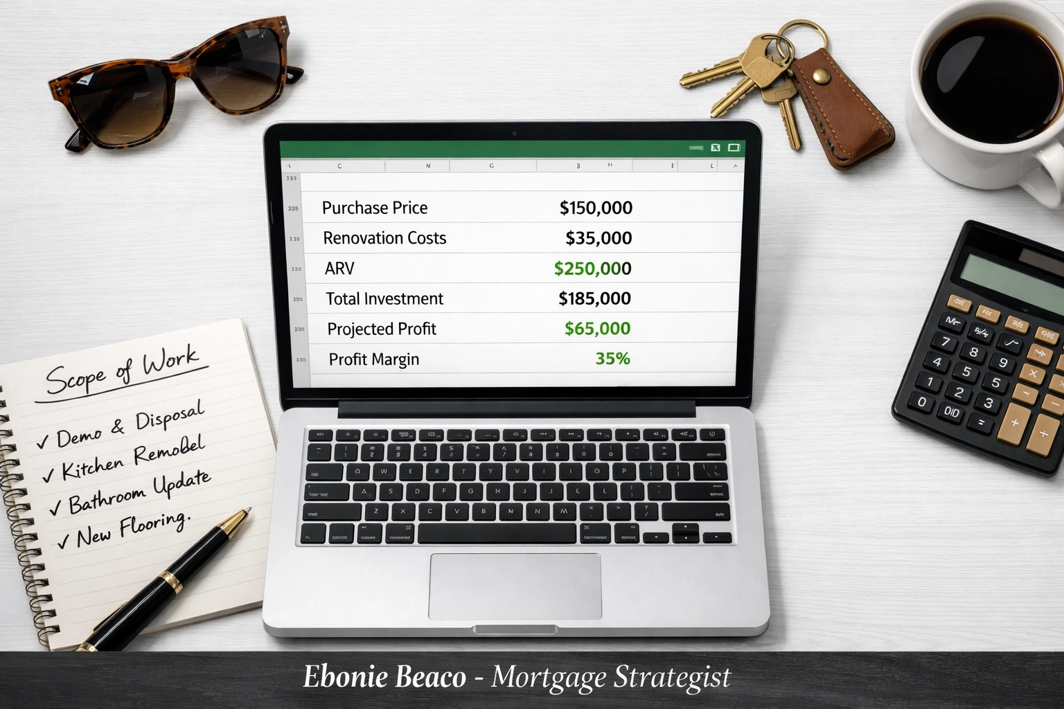 Real estate investor workspace showing fix and flip profit margins and renovation scope of work.