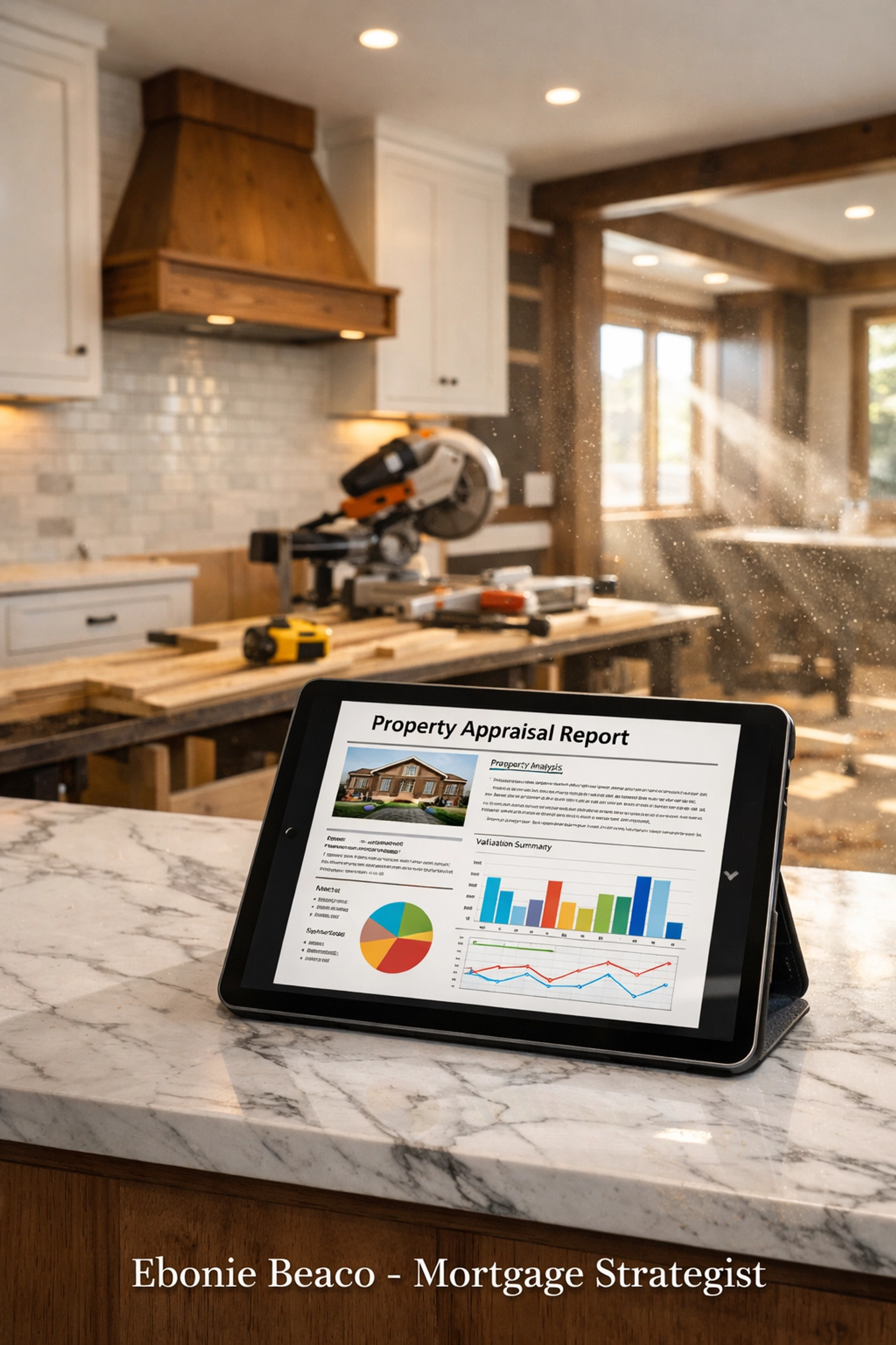 Renovated California craftsman home with property appraisal report on a tablet for fix and flip financing.