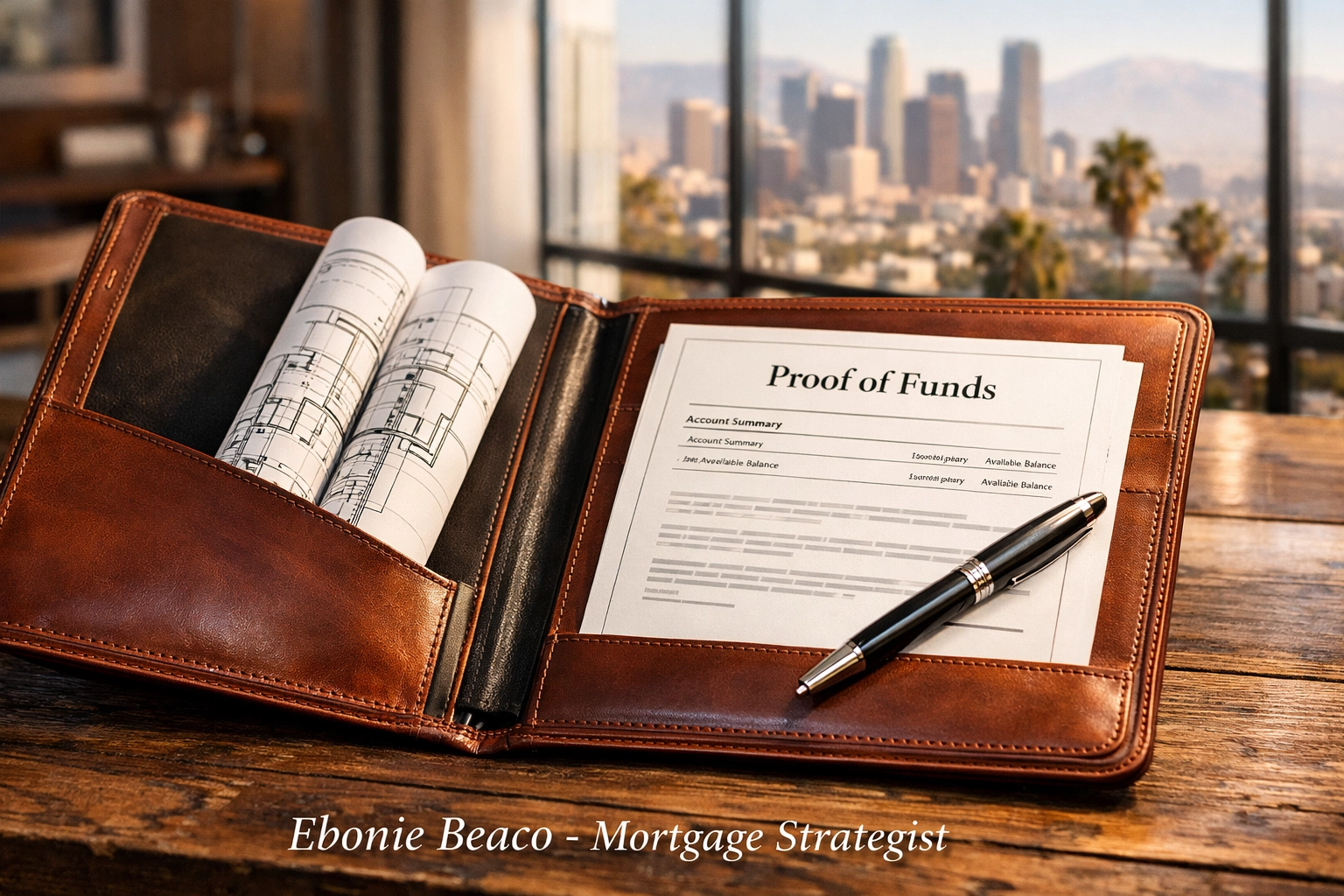 Proof of funds documents and architectural blueprints for a California hard money loan application.