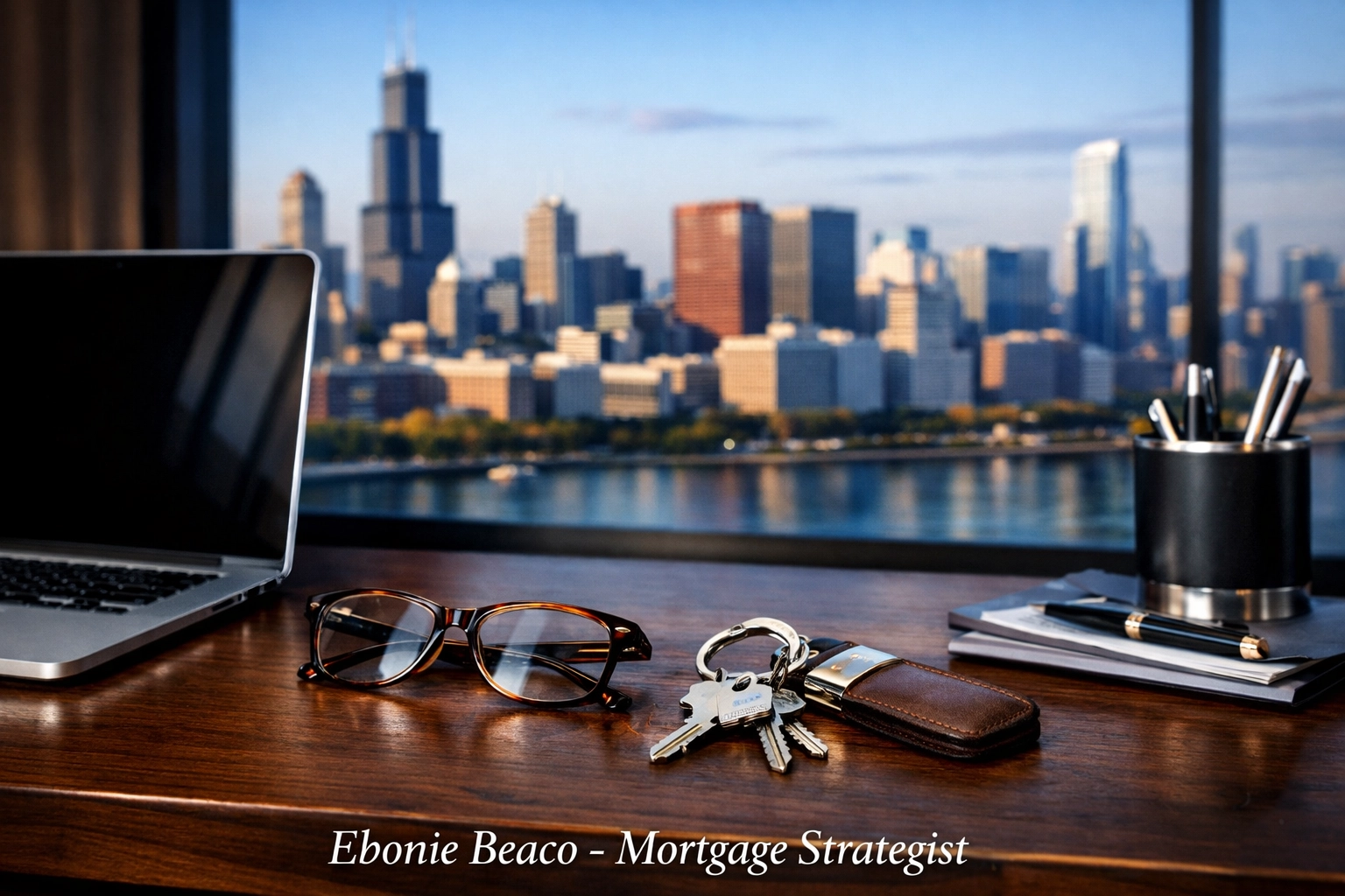 Investor workspace with skyline view illustrating cash flow strategies and DSCR rental property planning.