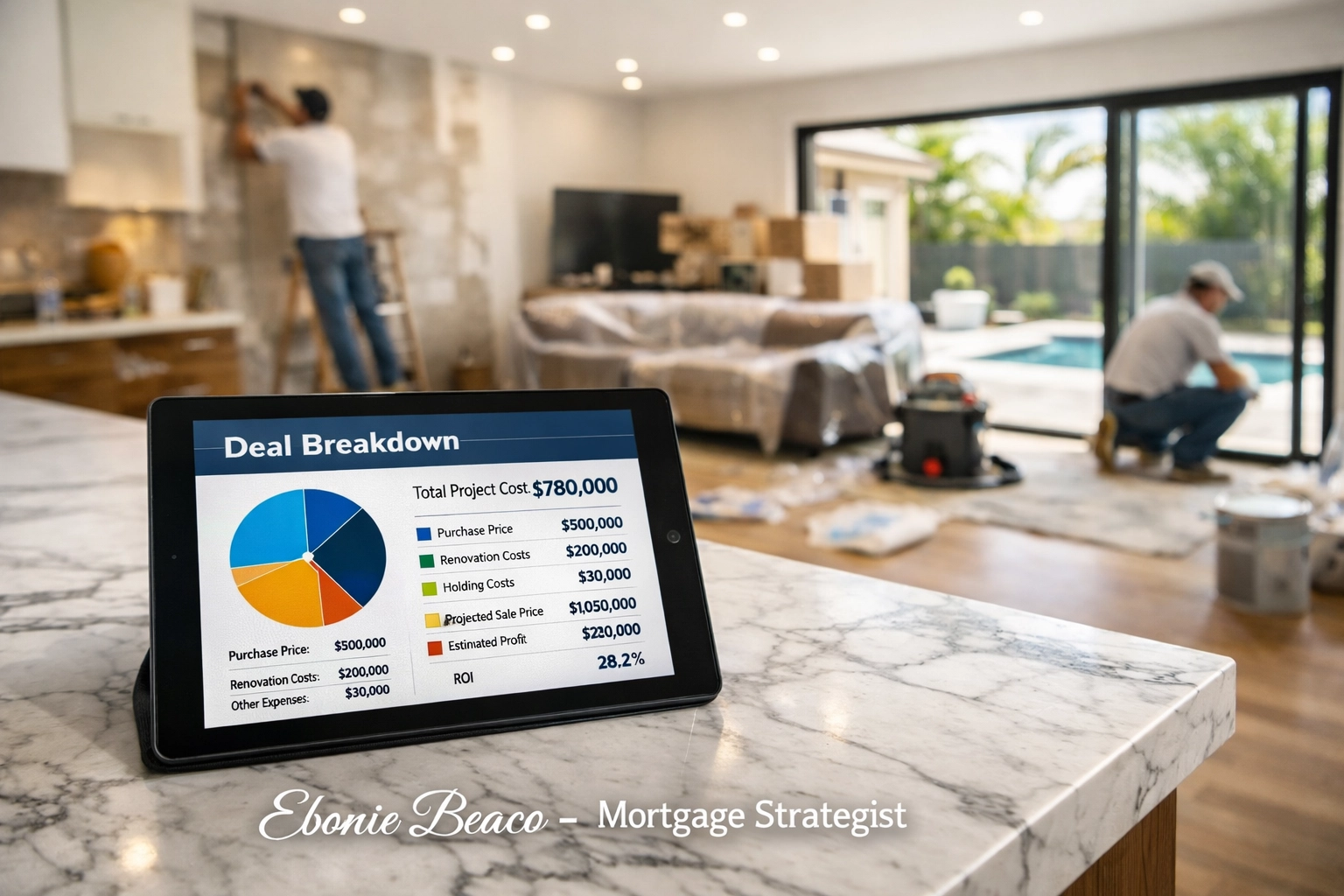 Investment dashboard showing a real estate deal breakdown for a California fix and flip renovation project.