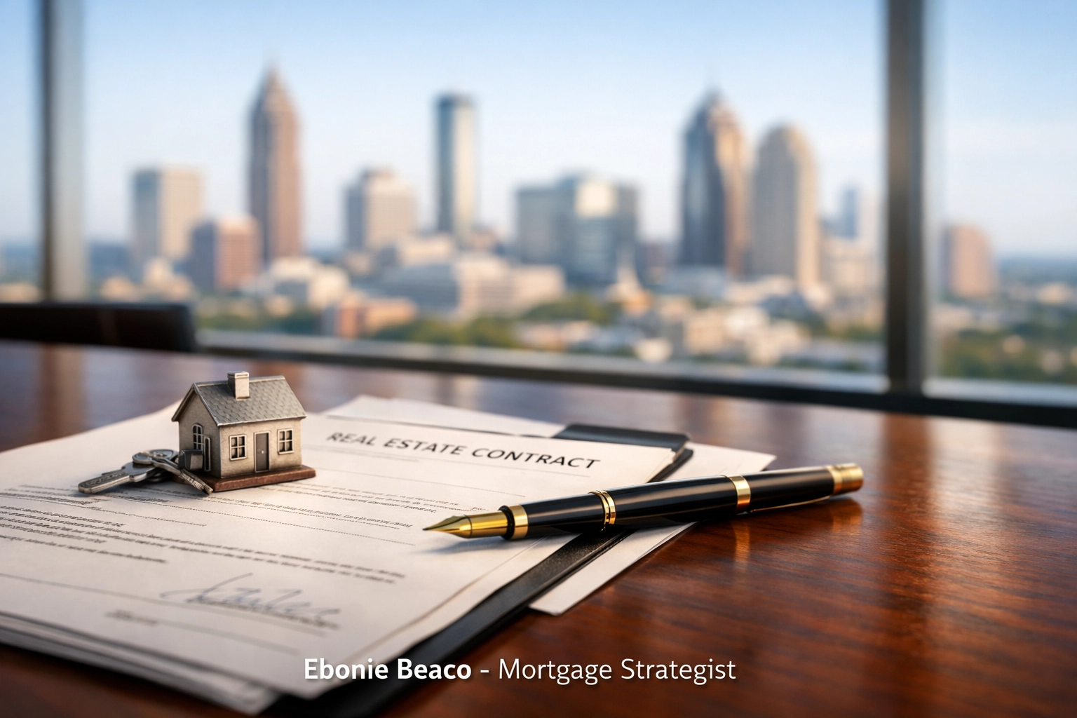 Real estate wholesale contracts and a gold pen on a desk in an Atlanta office for a double closing.