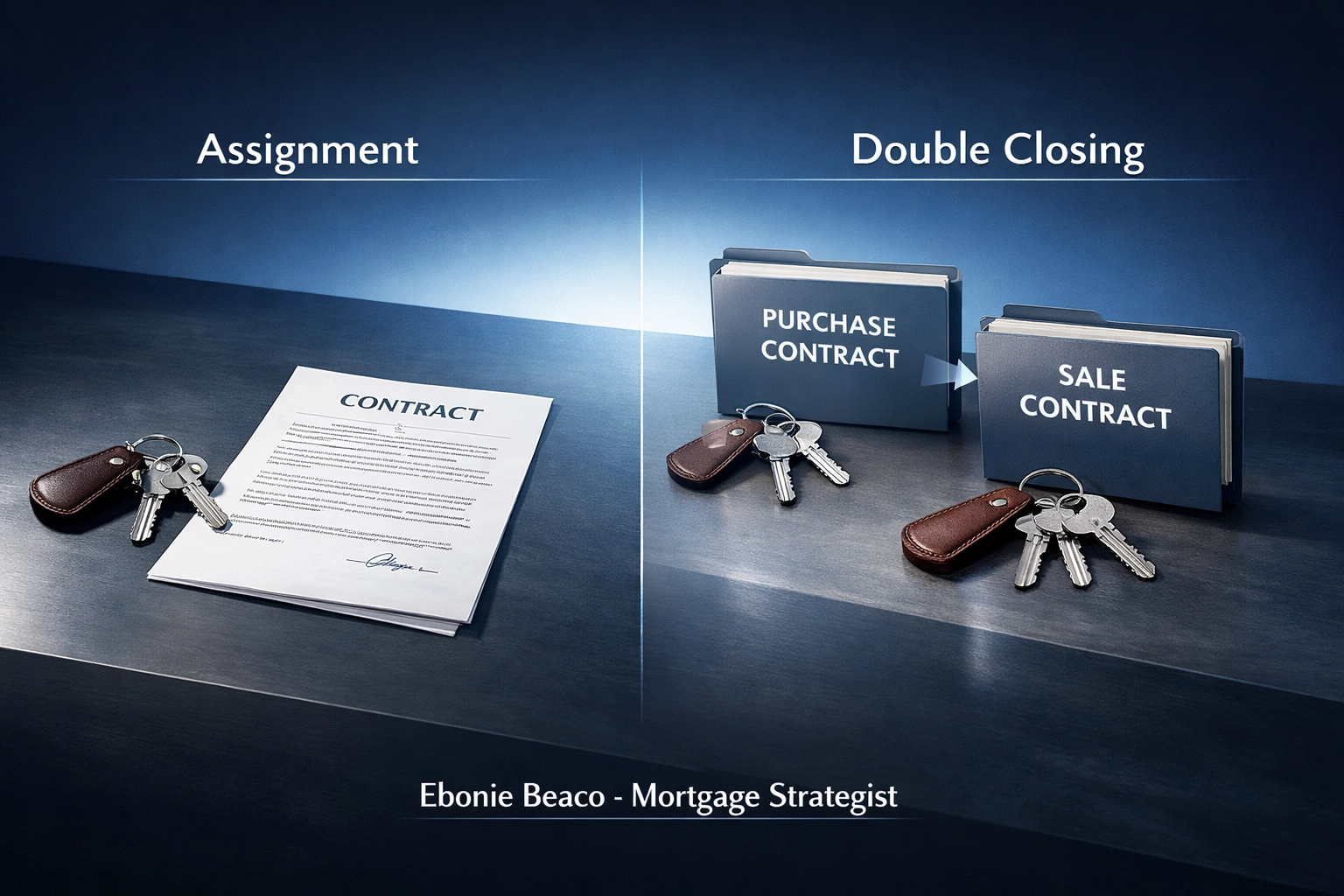 Visual comparison of assignment of contract versus double closing logistics for real estate wholesalers.