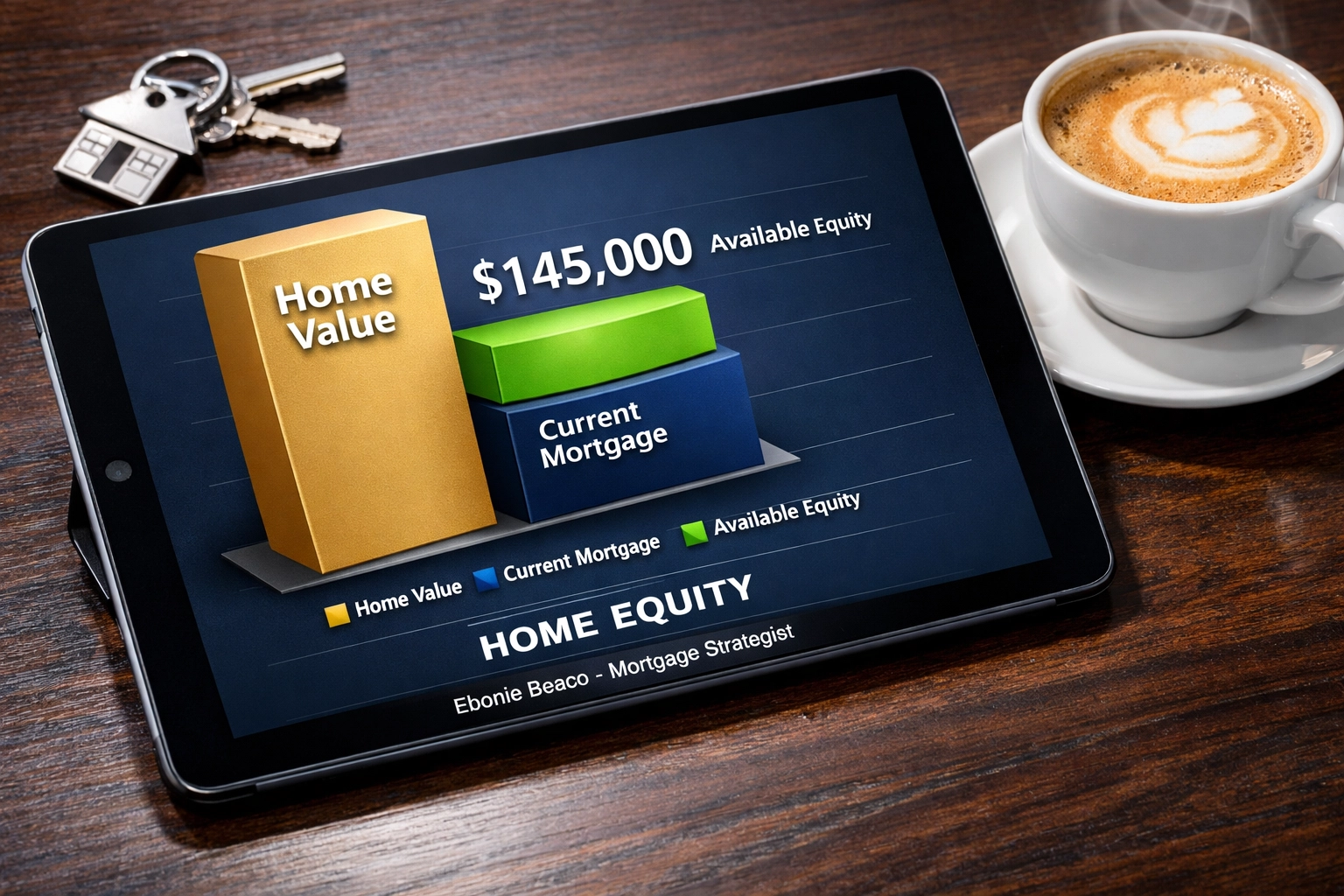 Home equity calculation chart on a tablet showing available funds for a remodel in Kentucky.