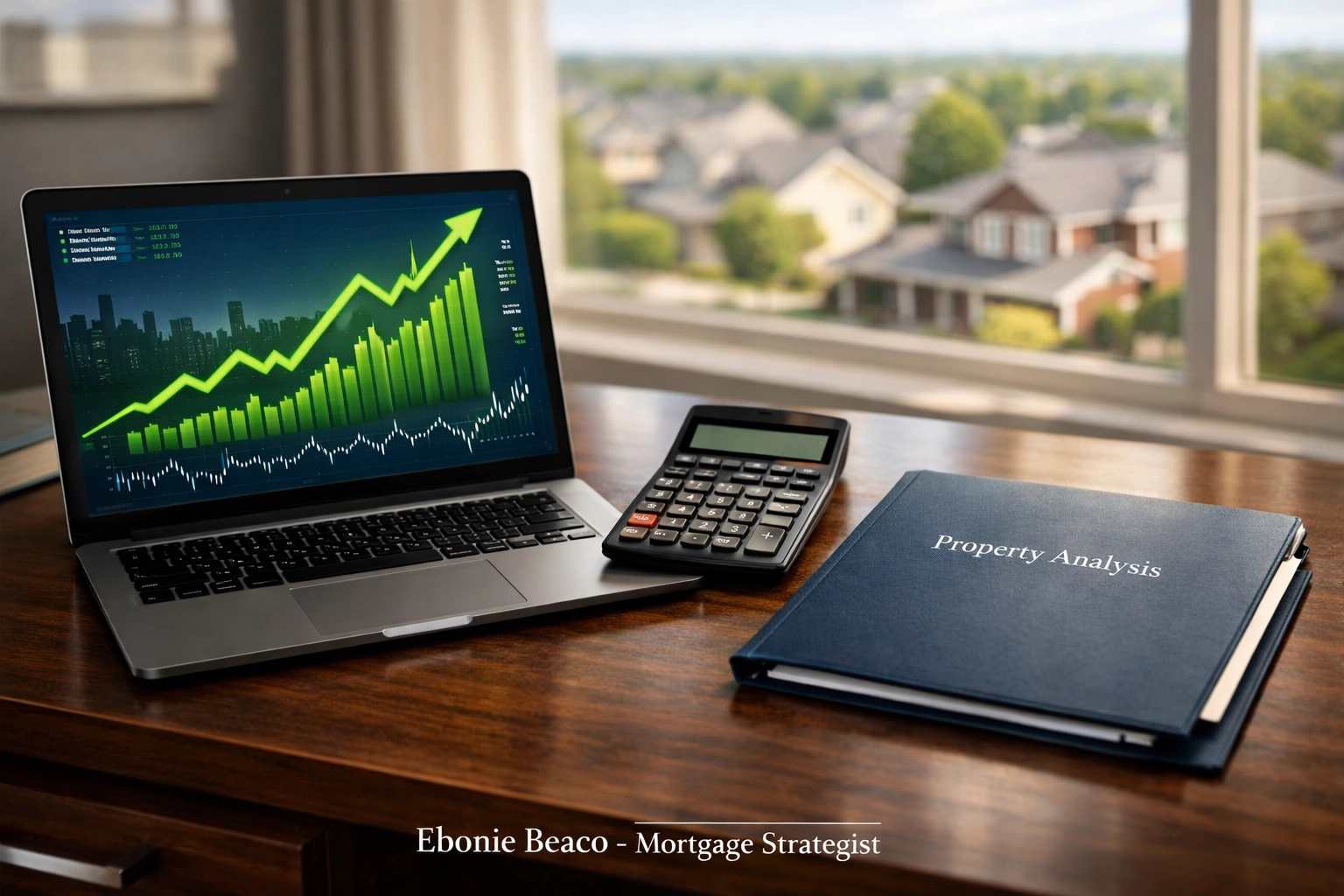 Real estate investor analyzing a market growth chart and property data for wholesale deal calculations.