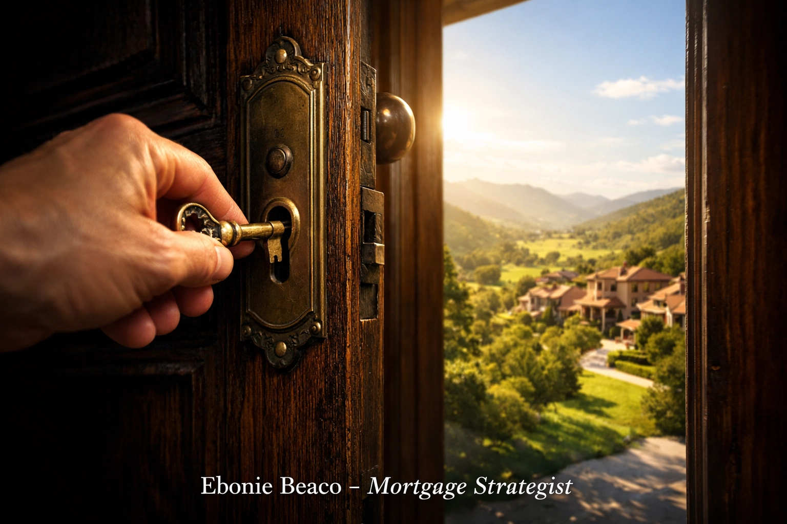 Opening a home door to a bright landscape, symbolizing financial freedom through an Alabama HELOC lender.