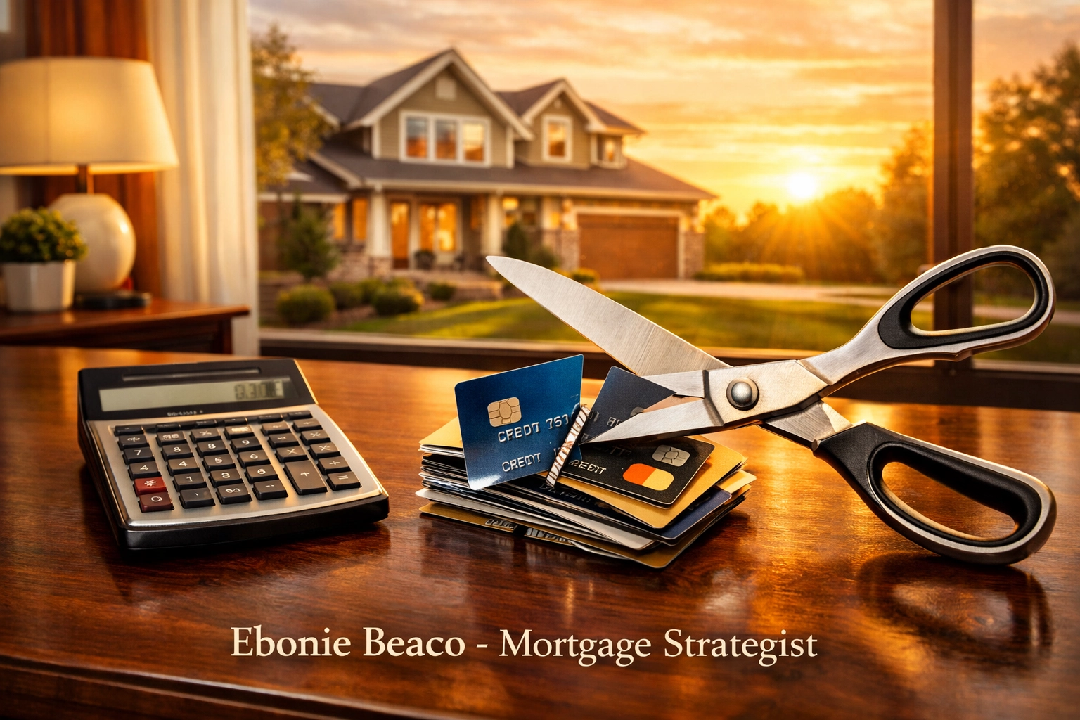 Cutting credit cards next to a financial calculator to represent debt consolidation using home equity.
