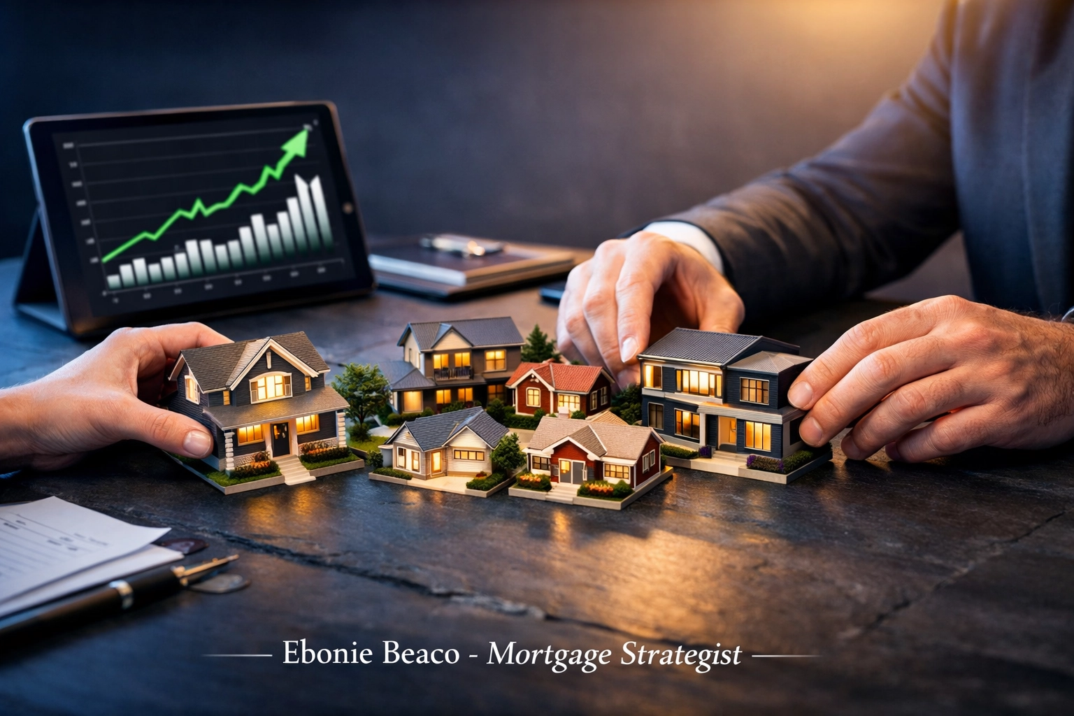 Real estate investor arranging model homes to show growth from a HELOC and DSCR investor loans.