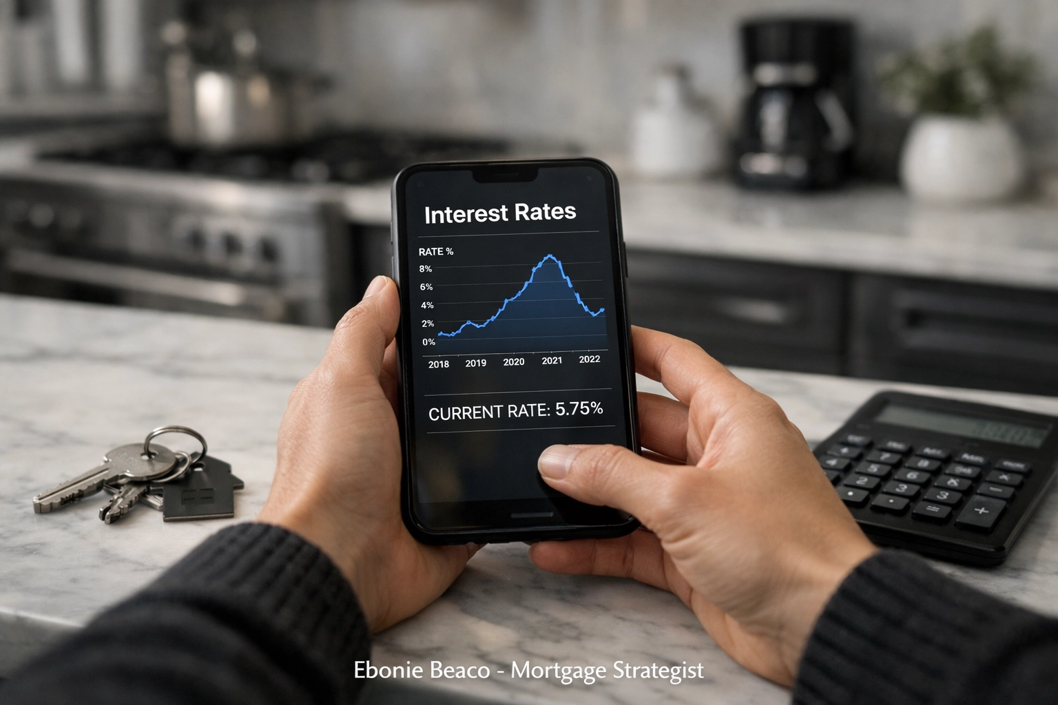 Homeowner tracking variable mortgage interest rates on a smartphone to plan a HELOC repayment strategy.