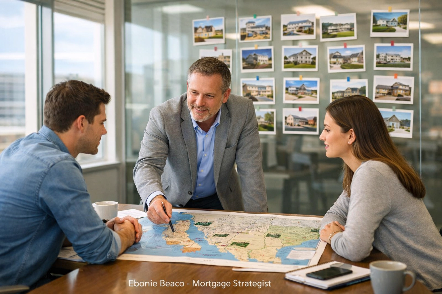 Mortgage strategist and couple reviewing a map to plan California and Florida HELOC investment strategies.
