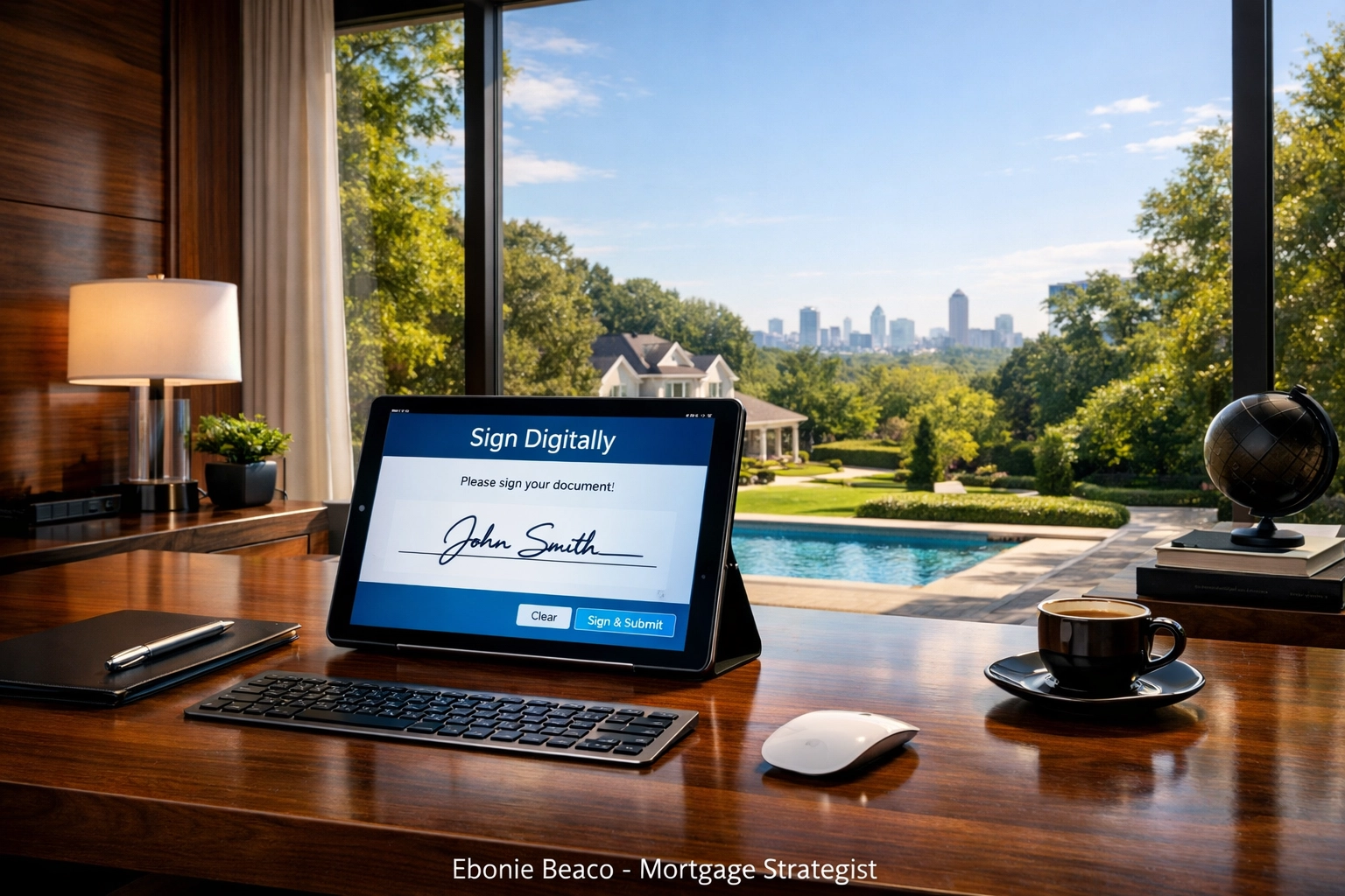 Homeowner using a tablet for digital signing of a fast Georgia HELOC application in an Atlanta home office.
