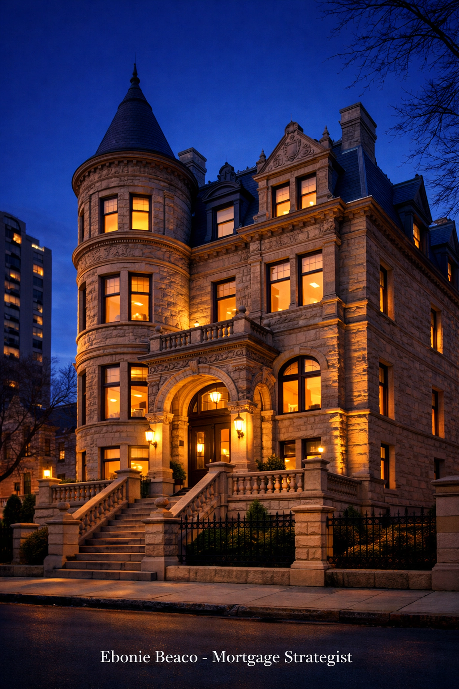 Historic Chicago luxury brownstone at twilight illustrating jumbo cash-out refinance equity strategies.