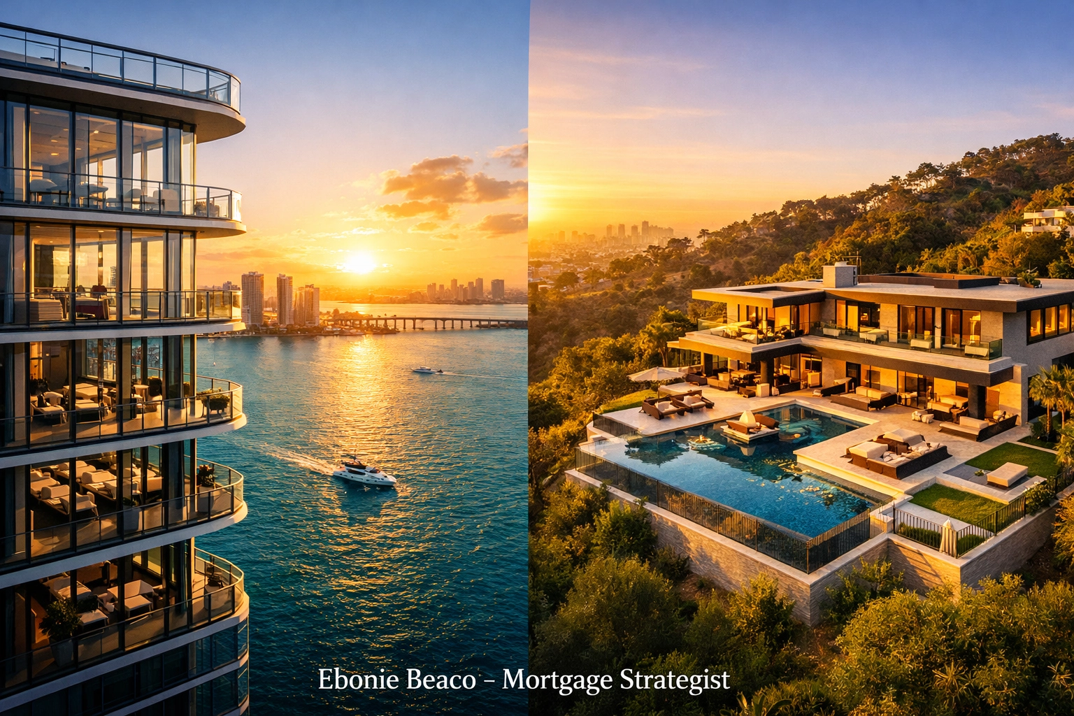 Luxury Miami high-rise and Los Angeles mansion illustrating California and Florida jumbo loan markets.